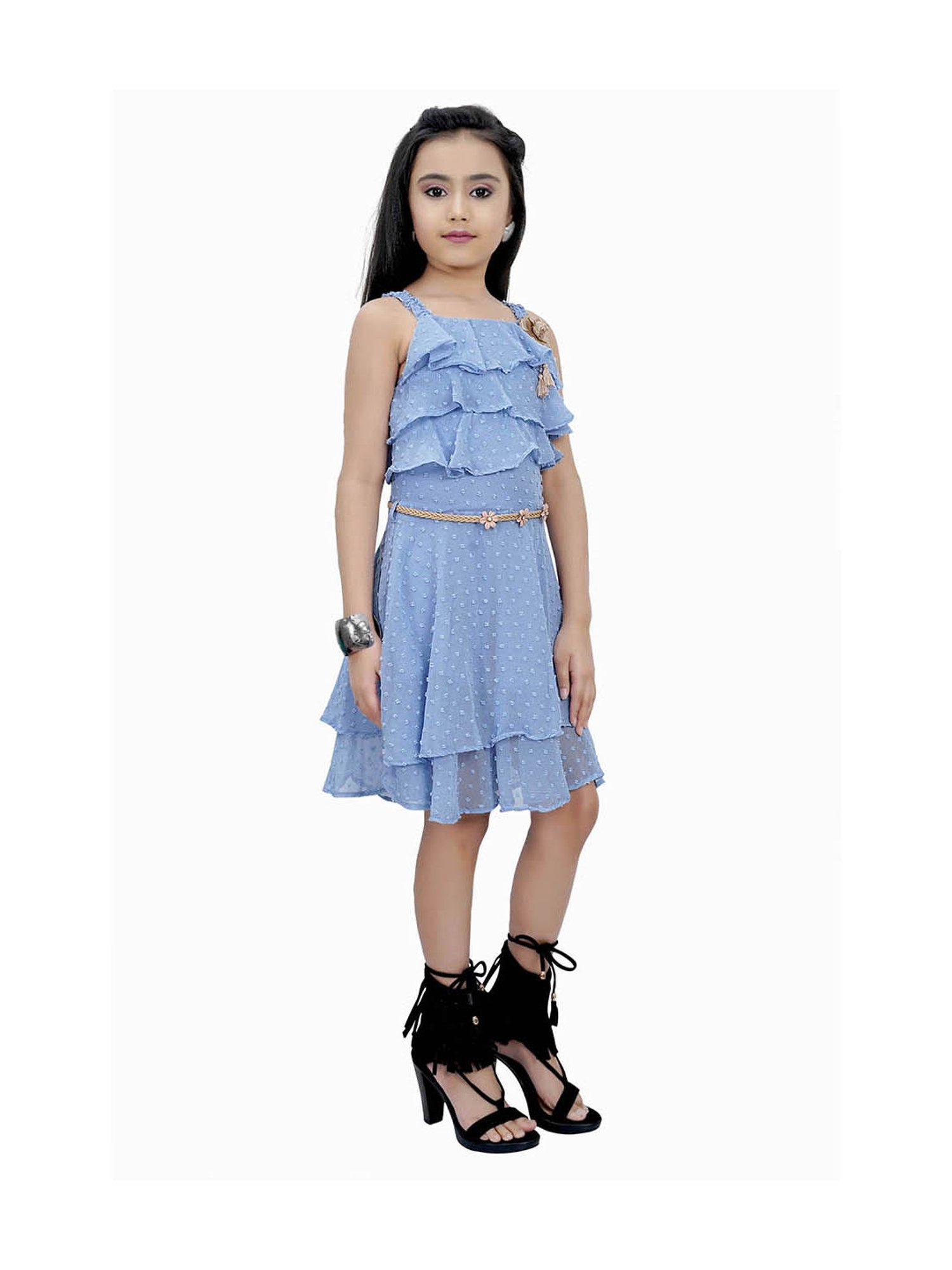 Tiny Girl Blue Self Design Dress, Belt with Brooch