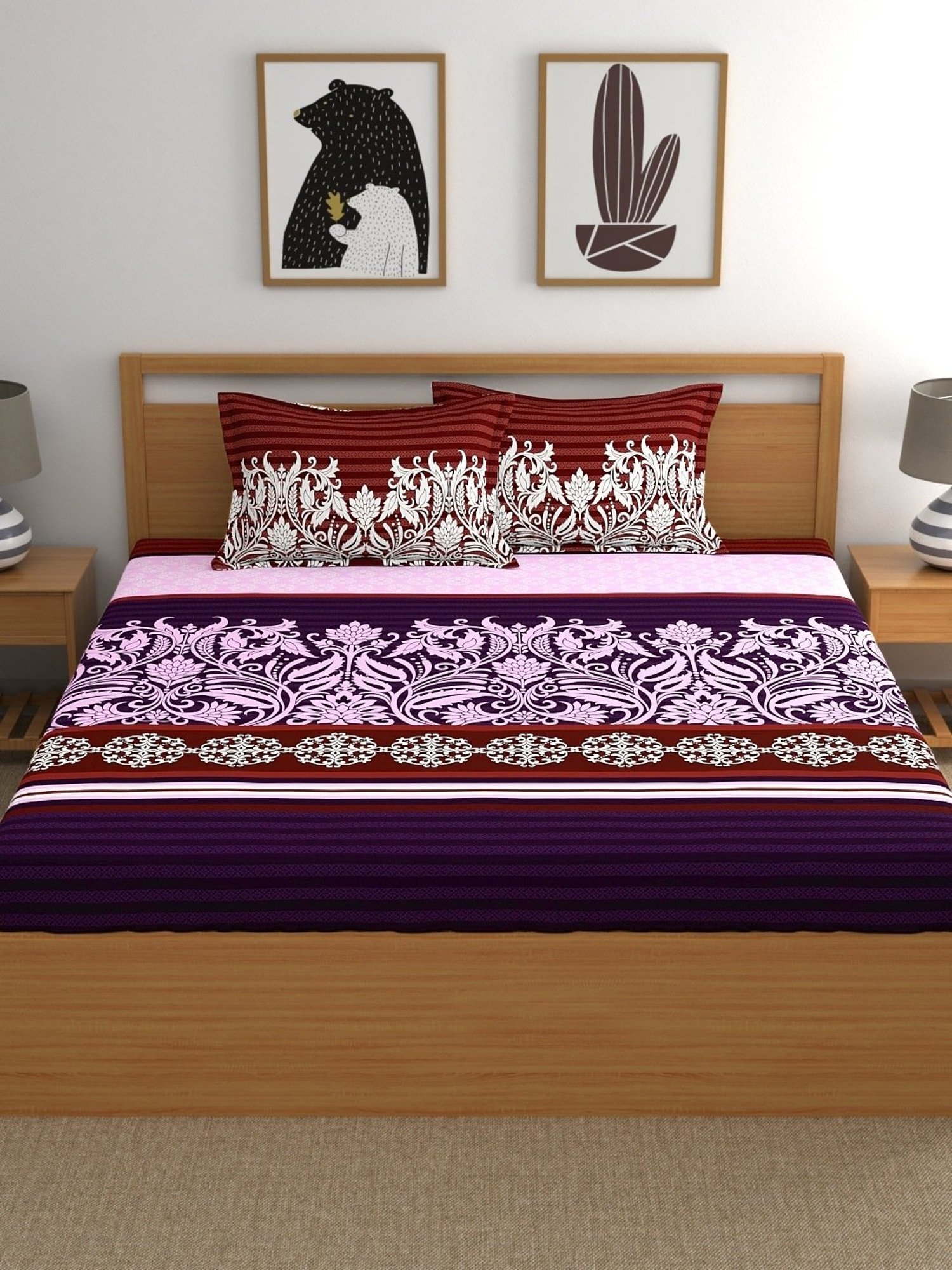My Room Ethnic Purple 140 TC Cotton Queen Bed Sheet with 2 Pillow Covers