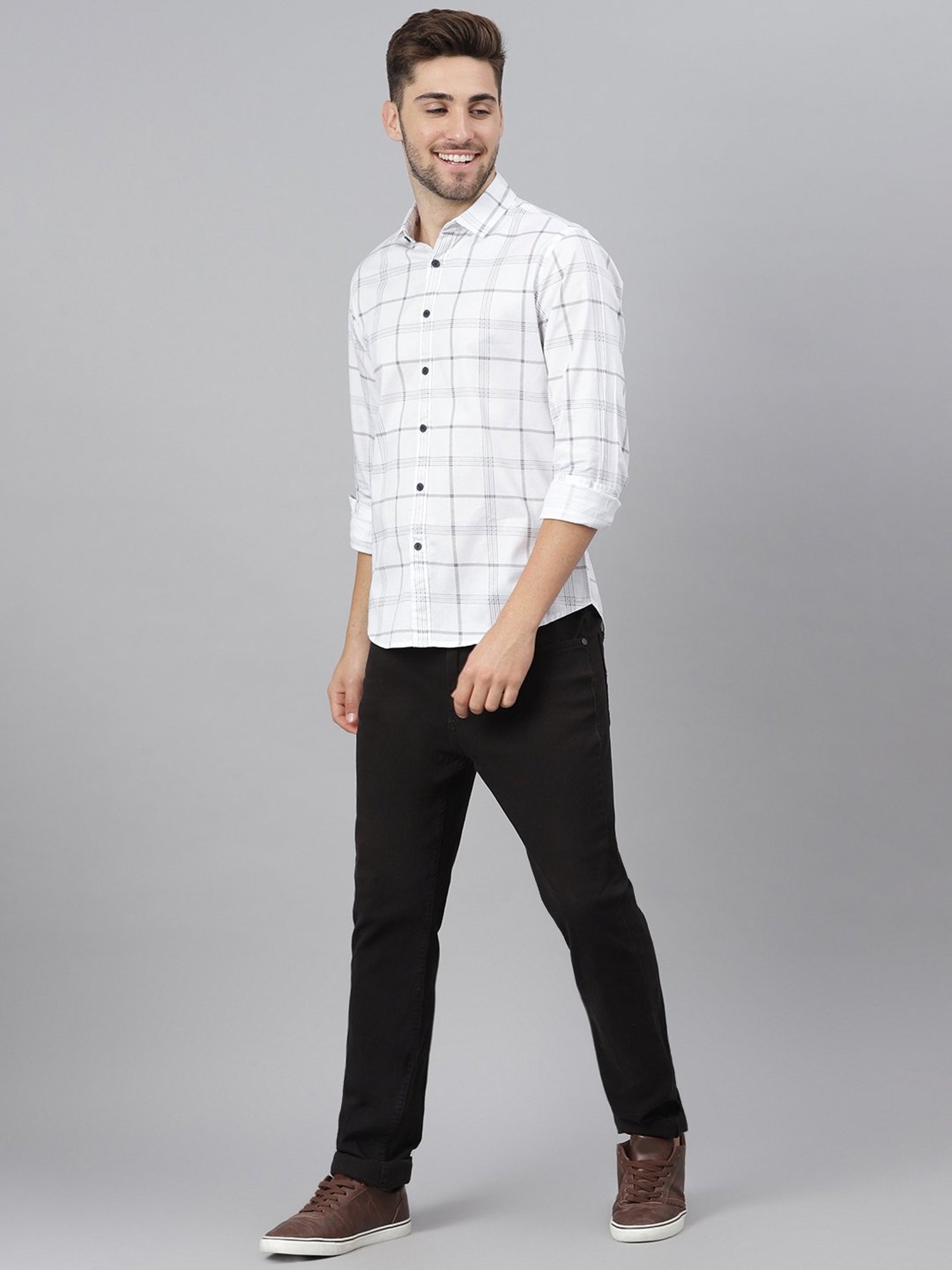 Dennis Lingo White Cotton Slim Fit Checks Shirt