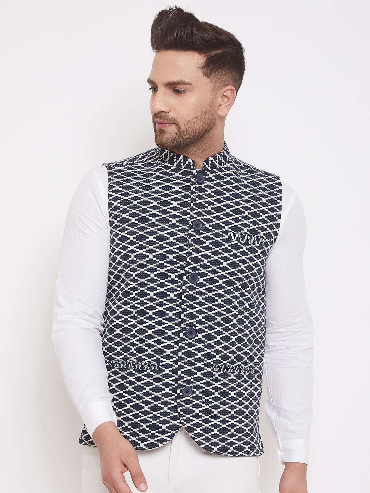 Even Blue Regular Fit Self Pattern Nehru Jacket