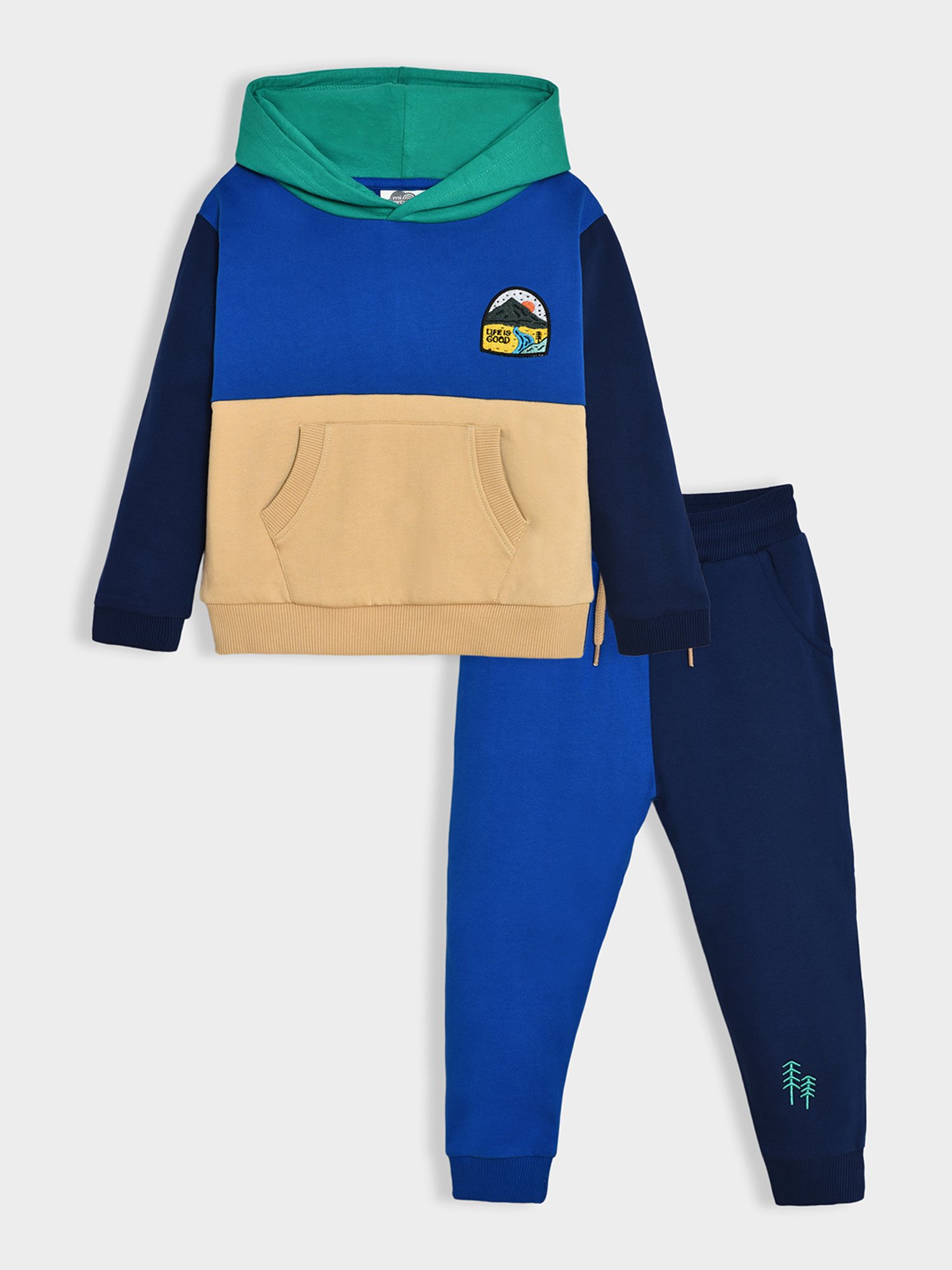 MiArcus Unisex Blue & Cream Color Block Full Sleeves Hoodie with Joggers