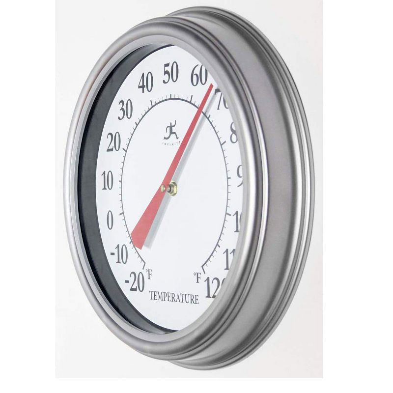 Infinity Instruments 12-Inch Round Analog Outdoor Patio Thermometer with Easy Keyhole Hanging Design, Silver