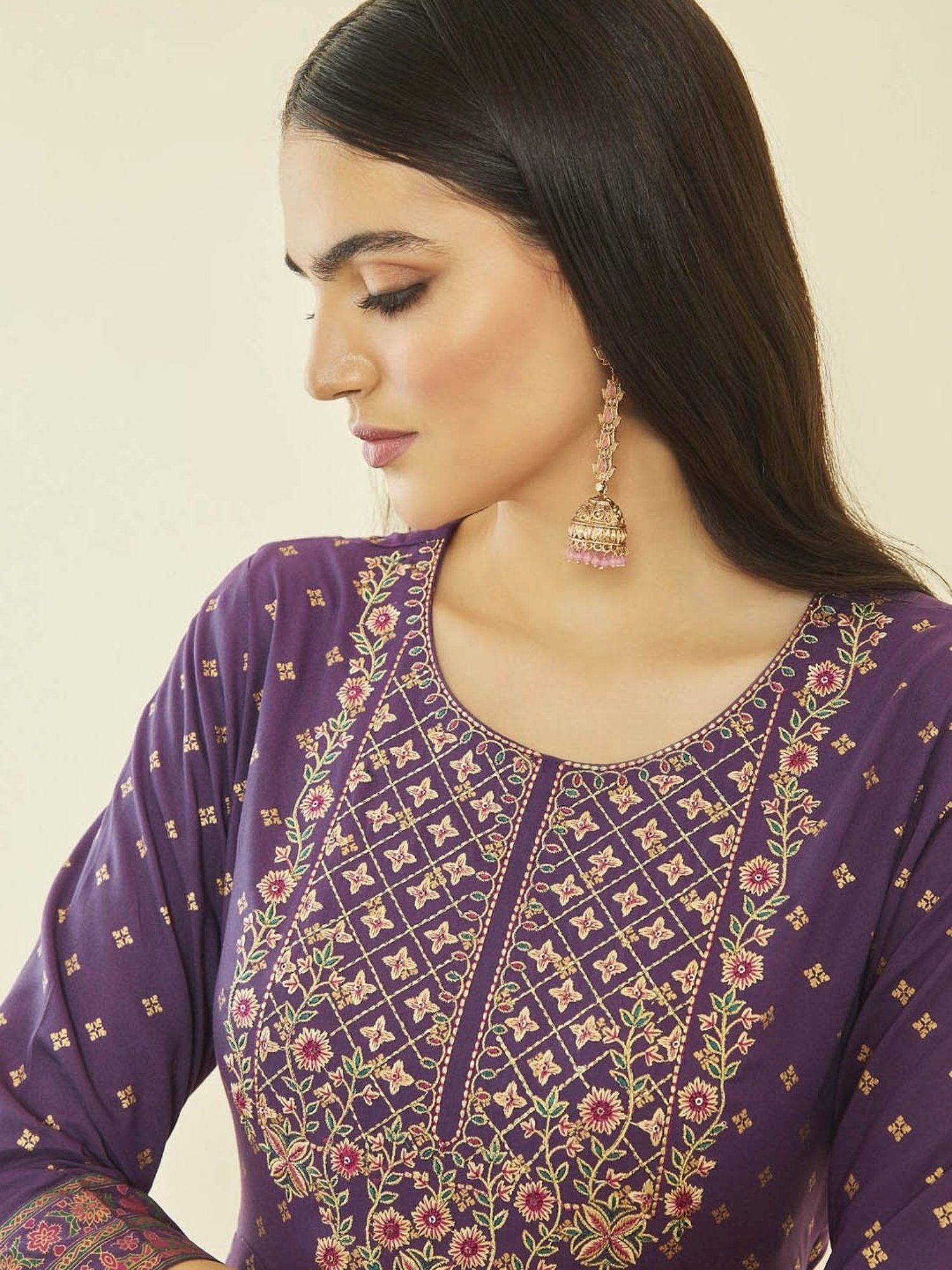 Soch Purple Rayon Floral Embroidered Dress Kurta with Waist Tie-Up