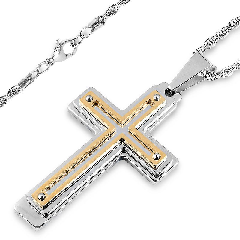 Men's West Coast Jewelry Silvertone and Goldplated Stainless Steel Multiple Layer Cross Pendant
