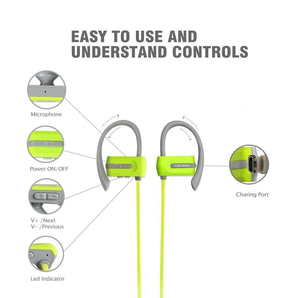 Tritina Sports Headphone in-Ear - Sweatproof Bluetooth Earphones w/ Mic - Comfortable Secure Fit Design Earbuds - HD Stereo Noise Cancelling for Gym Fitness Running Workout - Green