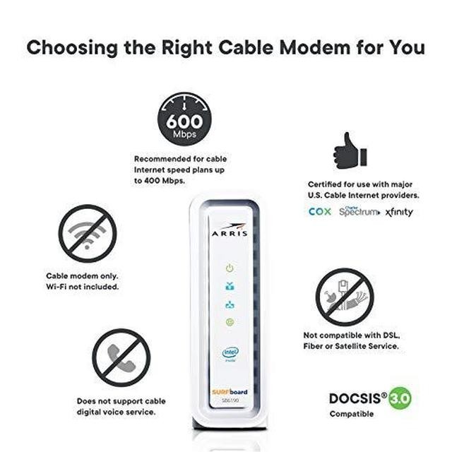 ARRIS SURFboard SB6190 DOCSIS 3.0 Cable Modem, Approved for Cox, Spectrum, Xfinity & others (White)