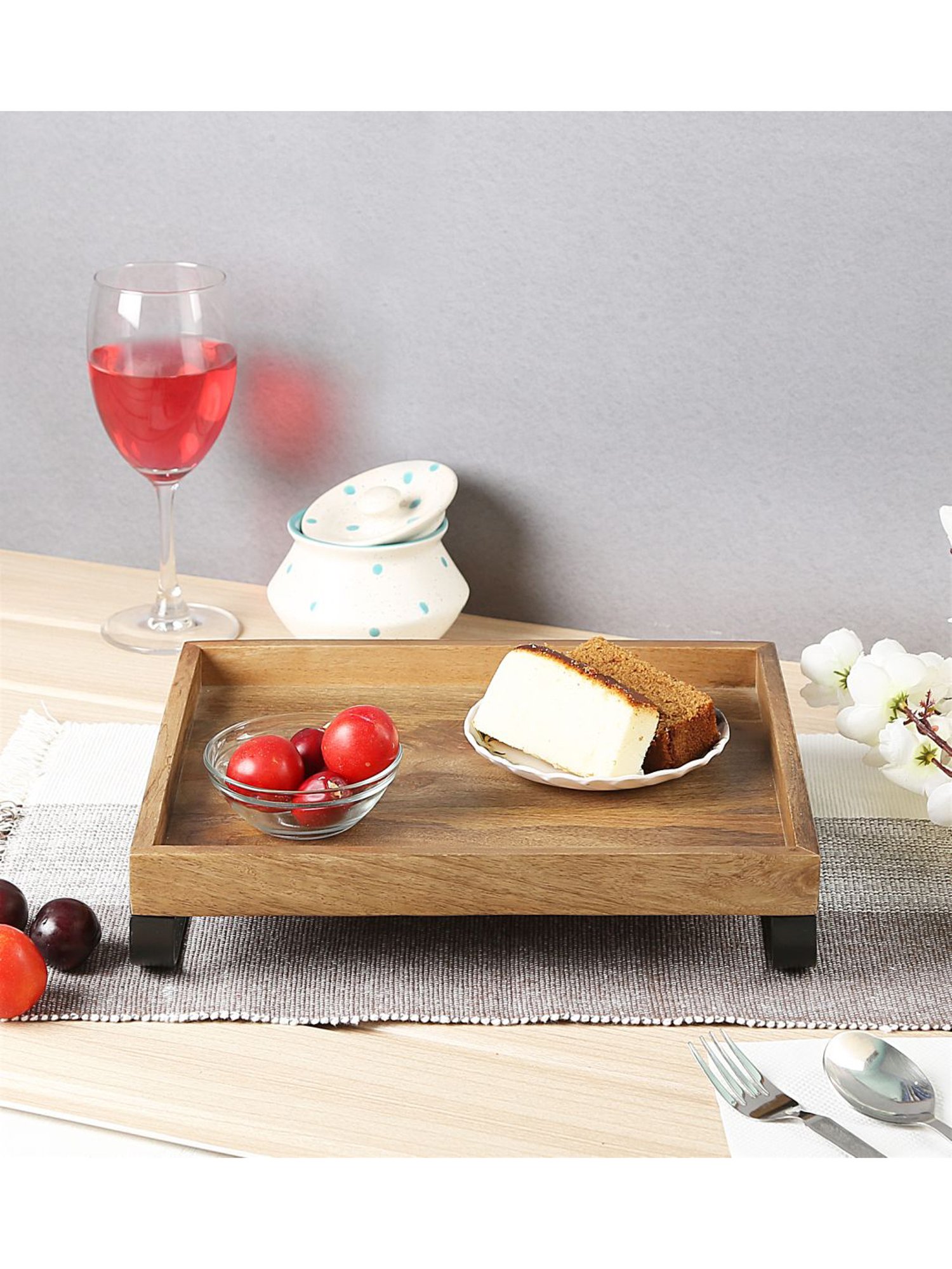 Crayton Mango Wood Serving Tray with Bottom Metal Handle - Set of 1