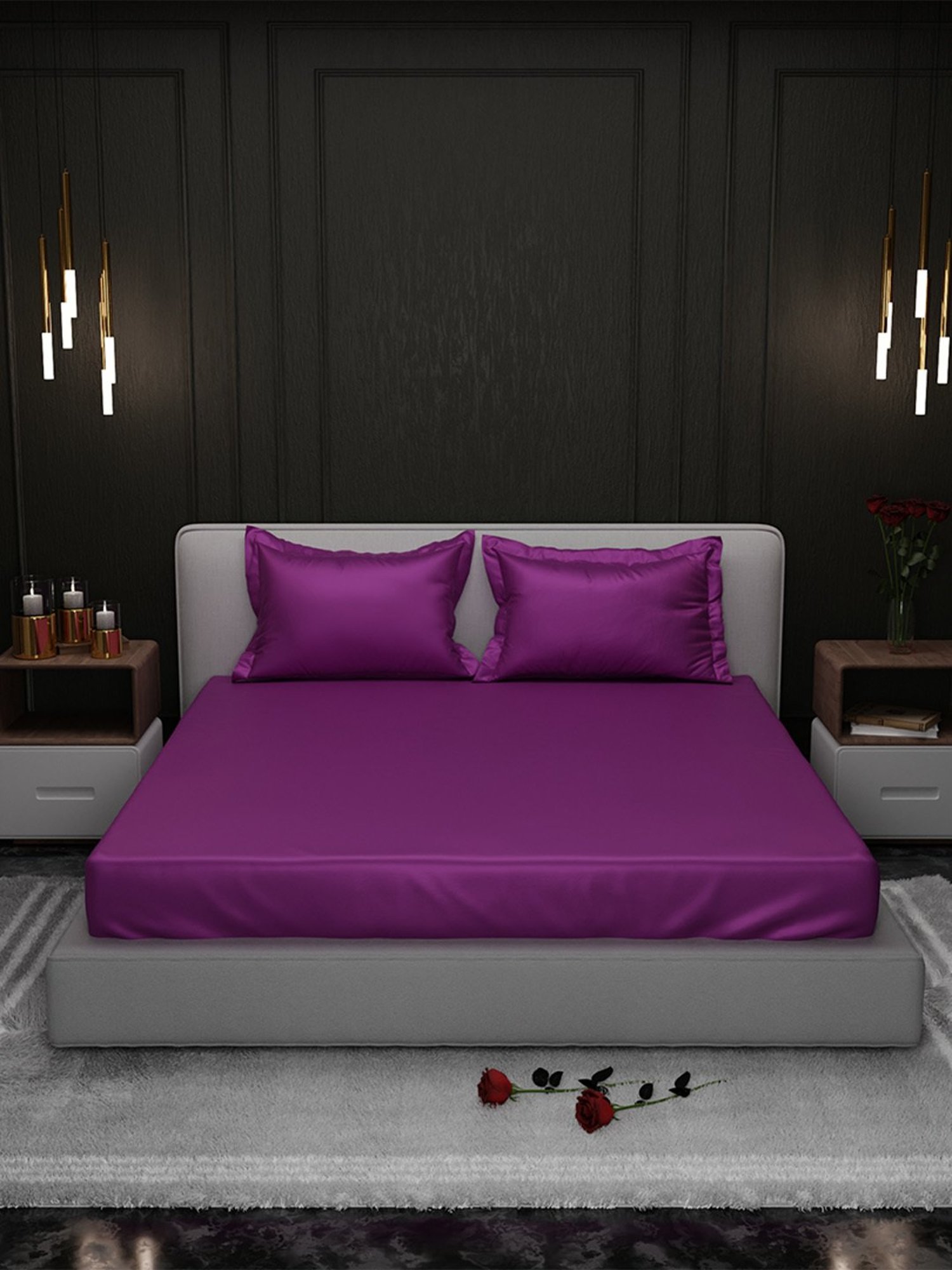 Stoa Paris Purple 300 TC Polyester King Fitted Sheet with 2 Pillow Covers