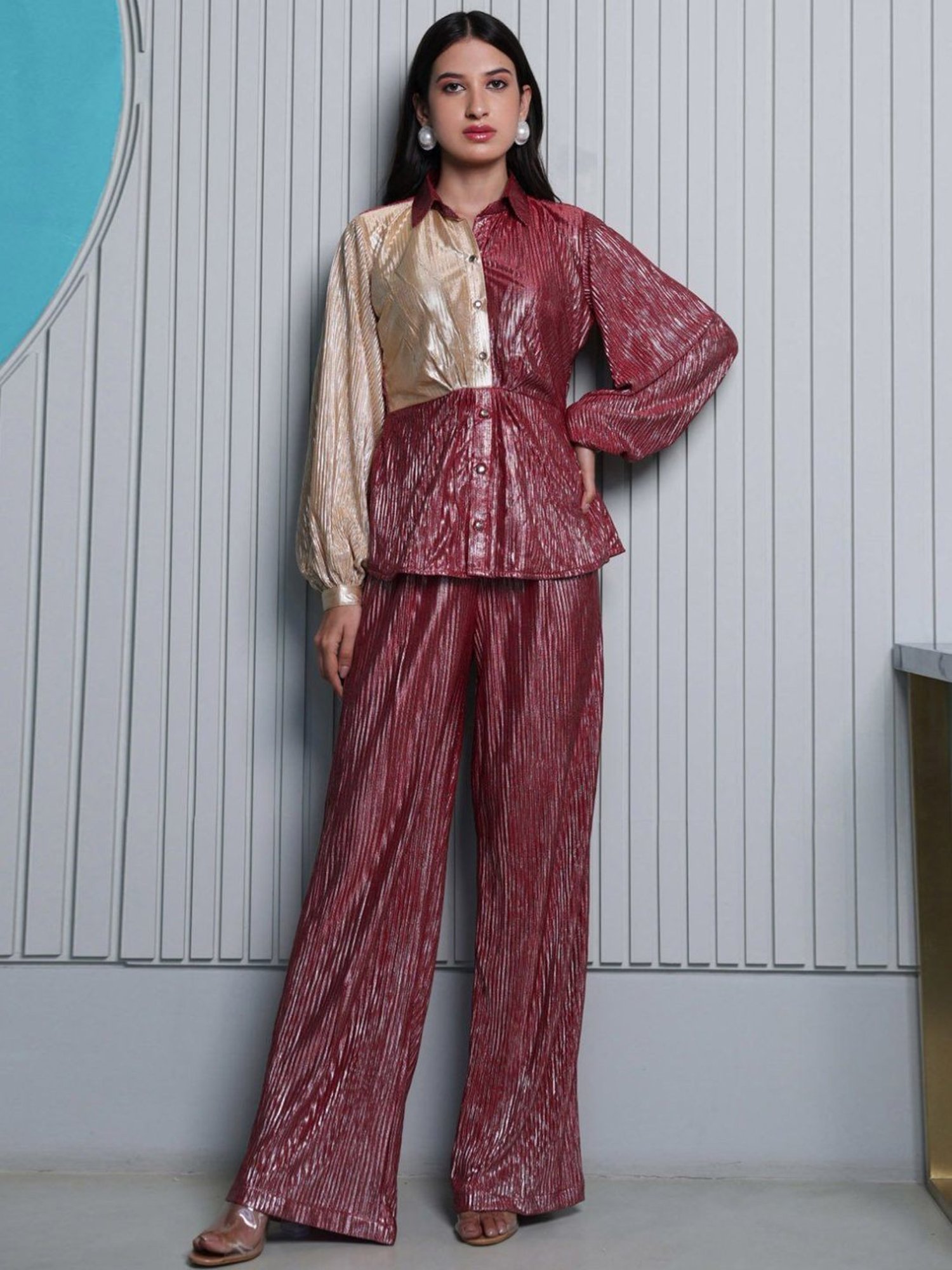 BInfinite Metallic Gold & Red Pleated Coords-Set