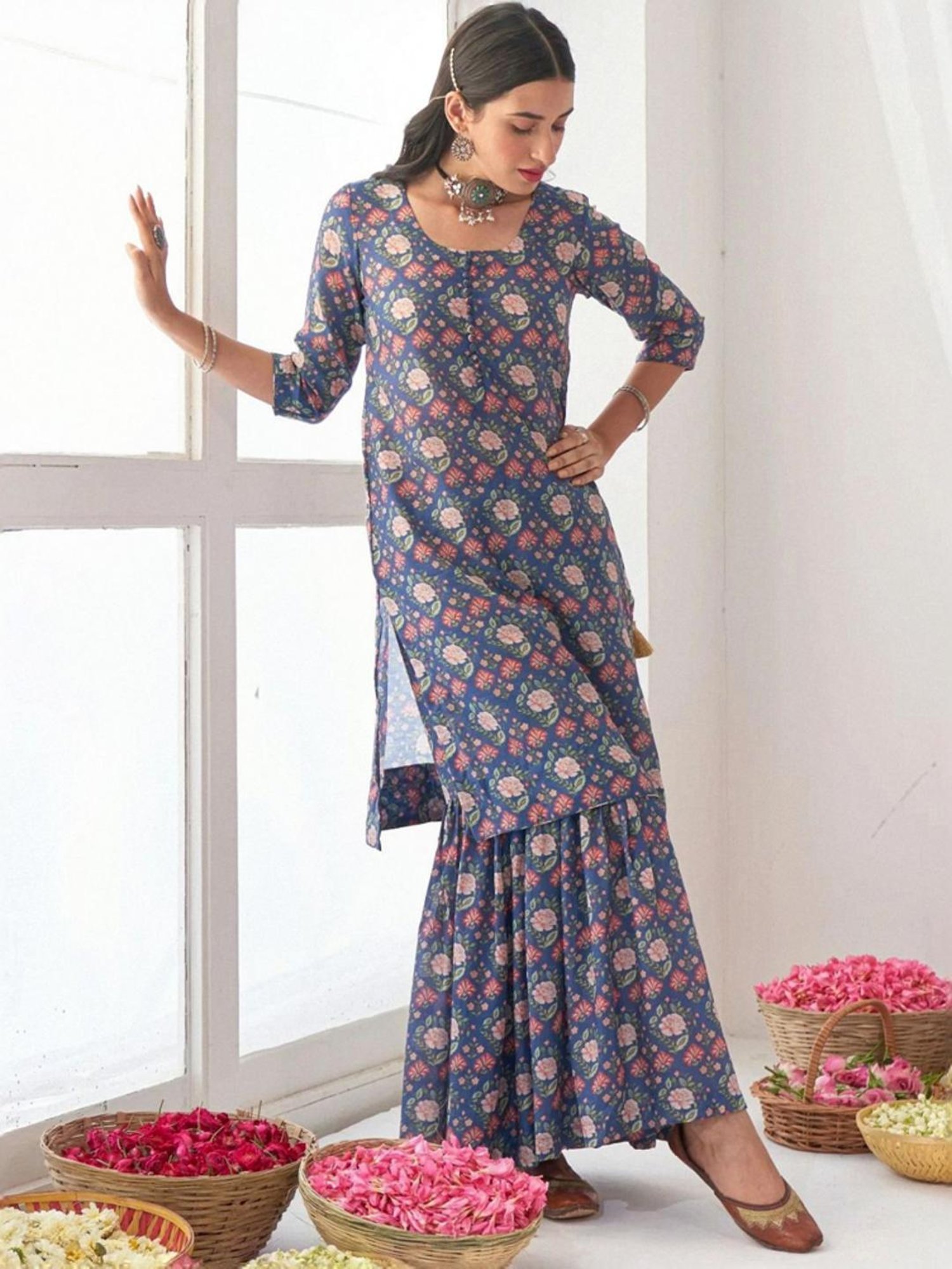 Odette Blue Floral Print Kurta Sharara Set With Dupatta