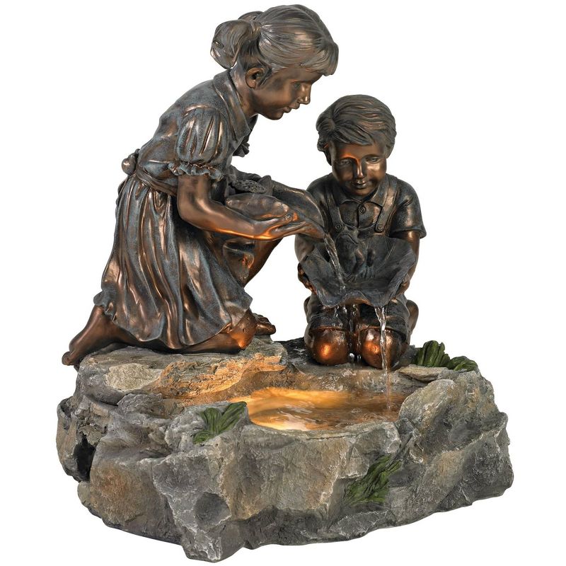 John Timberland Outdoor Floor Water Fountain with Light 23 1/2" High Cascading Girl and Boy with Lily Pad Yard Garden Patio Deck