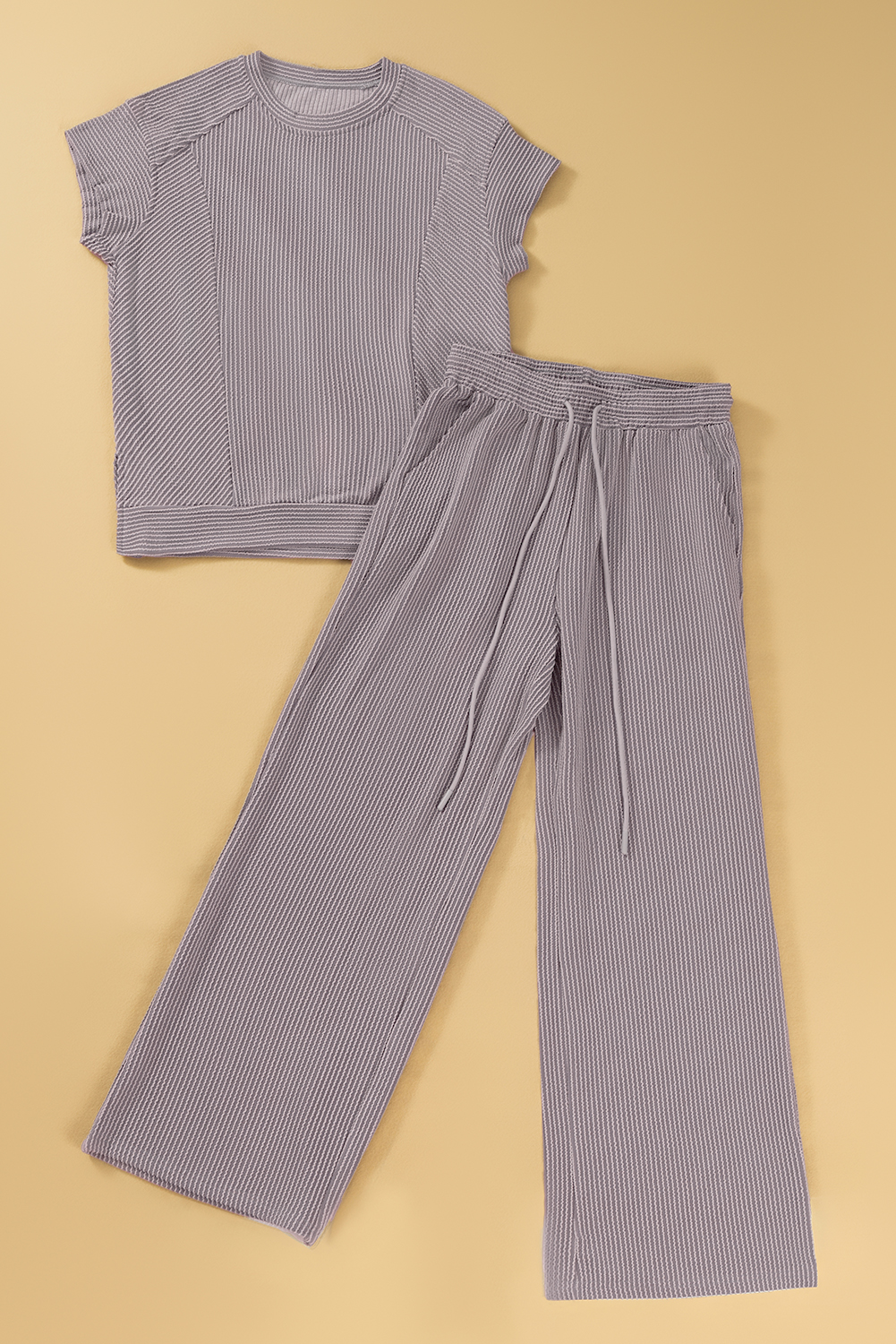 Green Solid Color Quilted Long Sleeve Top and Wide Leg Pants Set