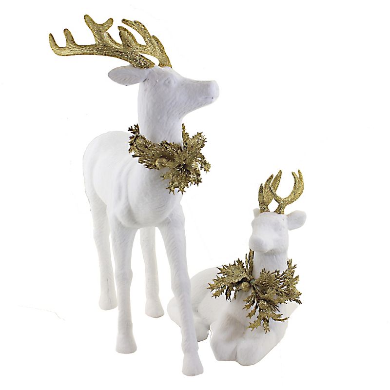 Christmas 17.25" Ivory Flocked Deer Flocked Gold Accents  -  Decorative Figurines