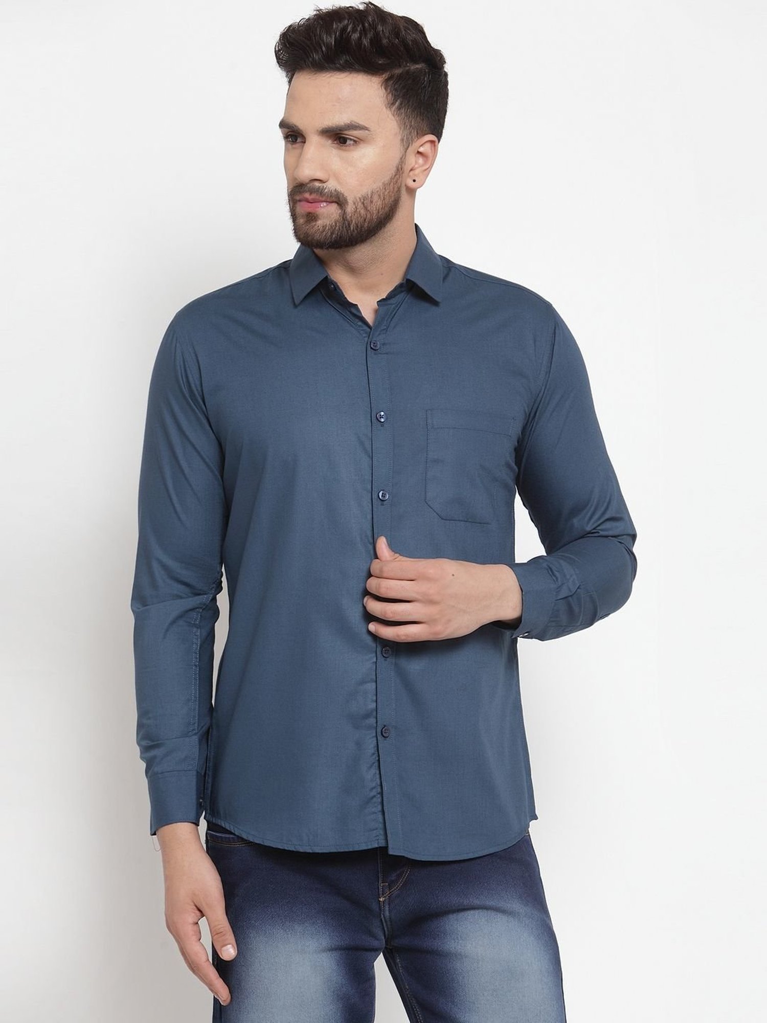 Jainish Navy Cotton Regular Fit Shirt