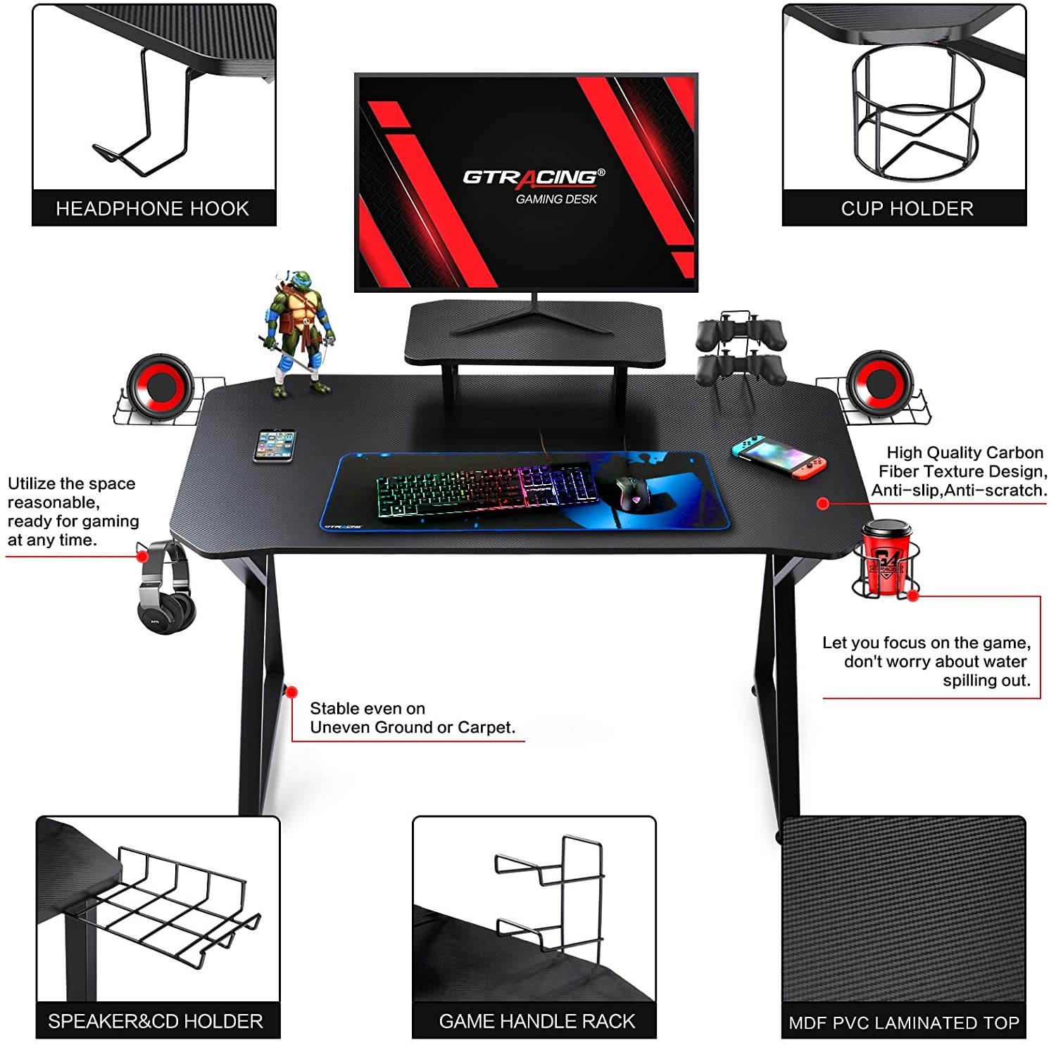 Gaming Desk 39 Inch Computer Desk Gaming Table K Shaped Pc Gaming Workstation Home Office Desk with Headphone/CD Holder, Gaming Controller Rrack,Black