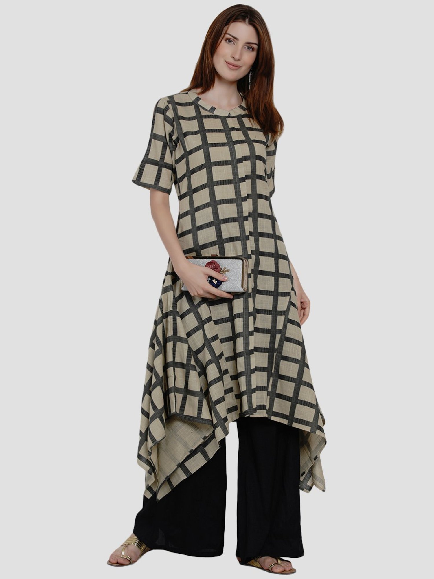 Women Republic Beige Cotton Chequered A Line Kurta