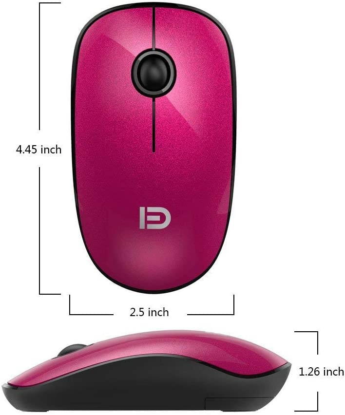 Silent Wireless Mouse FD V8 2.4G Fashion Power Ultrathin Cordless Mouse with Nano Receiver & Battery 1500 DPI Precise Control for Notebook Computer PC Laptop MacBook and Chromebook (Rose Red)