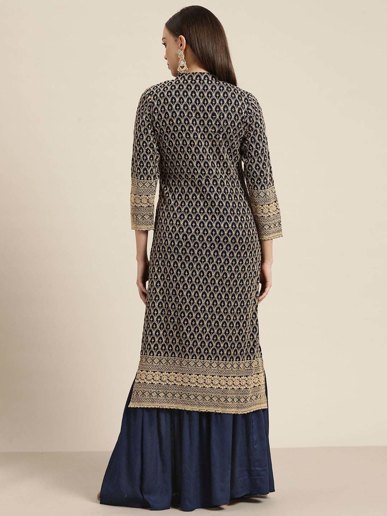 Jompers Navy Embroidered Kurta Palazzo Set With Dupatta