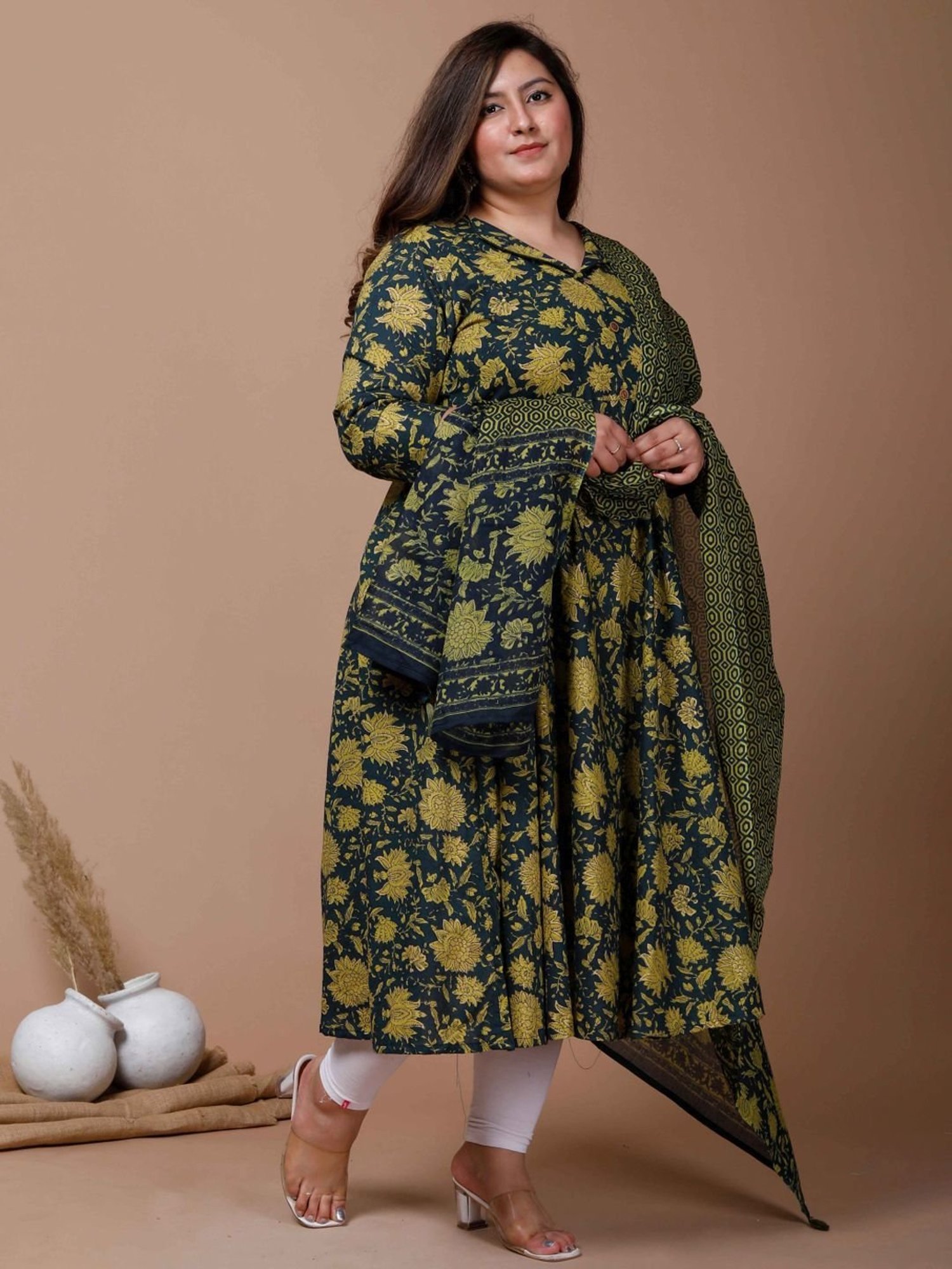Miravan Green Cotton Floral Print A Line Kurta With Dupatta