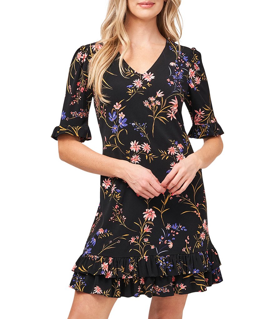 CeCe Ruffled Short Sleeve Floral Knit Dress