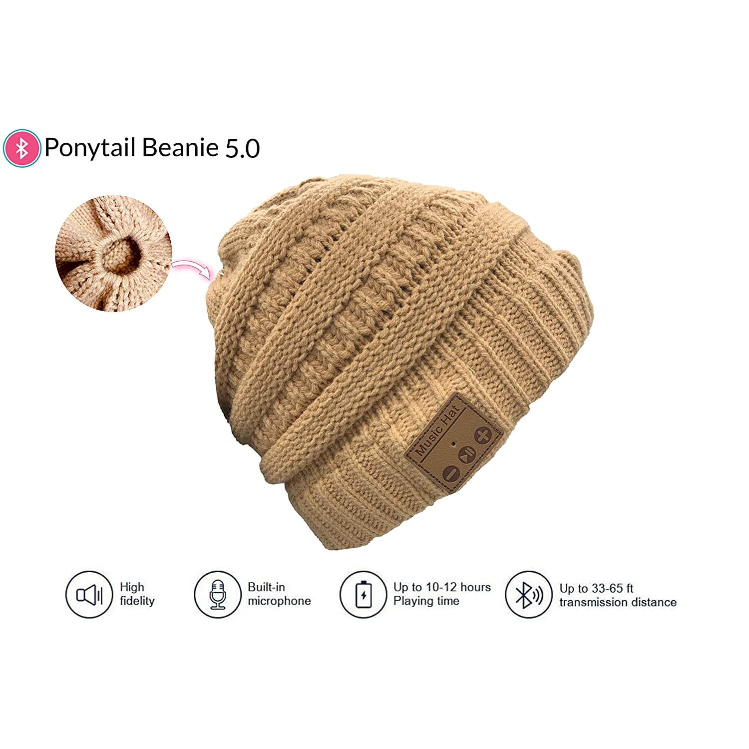 Bluetooth Beanie Hat Bluetooth 5.0v Wireless Headsets Ponytail Design, HI-FI Sound, Built-in Mic, Hand Free Calling, Long Battery Life