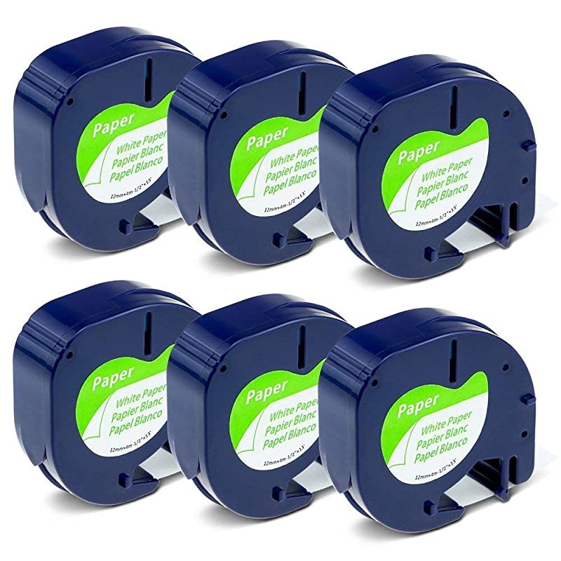 Compatible Label Tape Replacement for Dymo Letratag Labeling Refills 91330 10697 S0721510 Black on White SelfAdhesive Paper Tape for LetraTag LT100T LT100H QX50 12 Inch x 13 ft 6 Pack