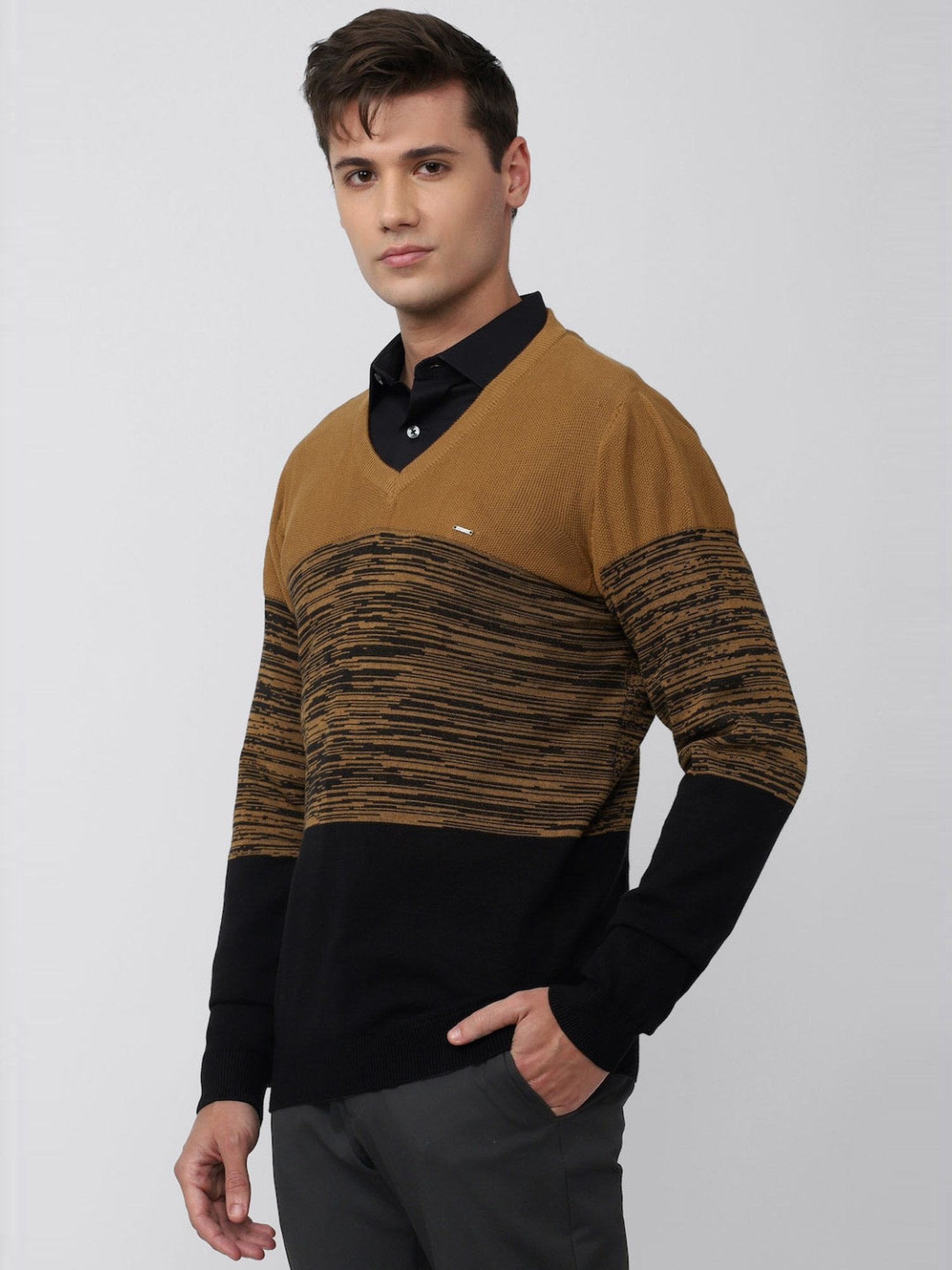 Van Heusen Brown Regular Fit Striped Sweater