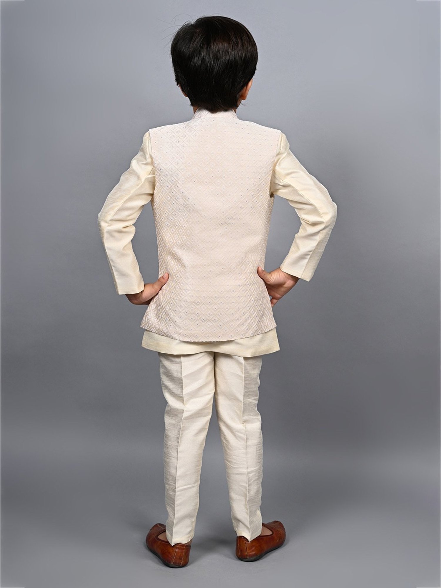 Ahhaaaa Kids Cream Embellished Full Sleeves Sherwani, Jacket & Pyjamas
