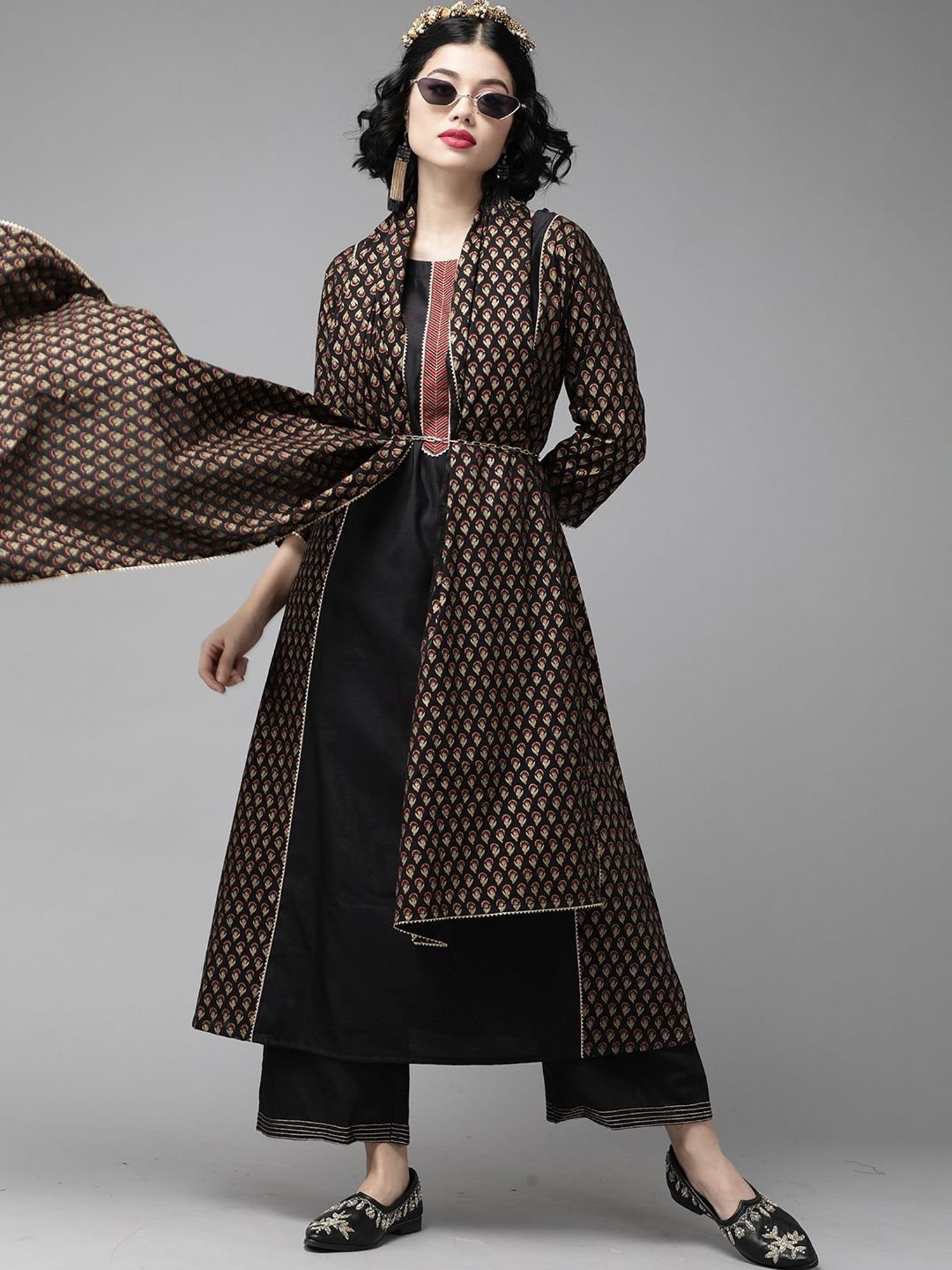 Indo Era Black Printed Kurta Palazzo Set With Dupatta