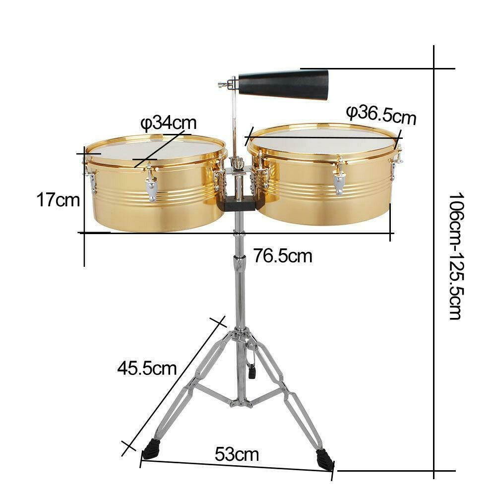 Percussion 13"  14" Timbales Drum Sets Cowbell Holder Stand Drum Sticks Golden