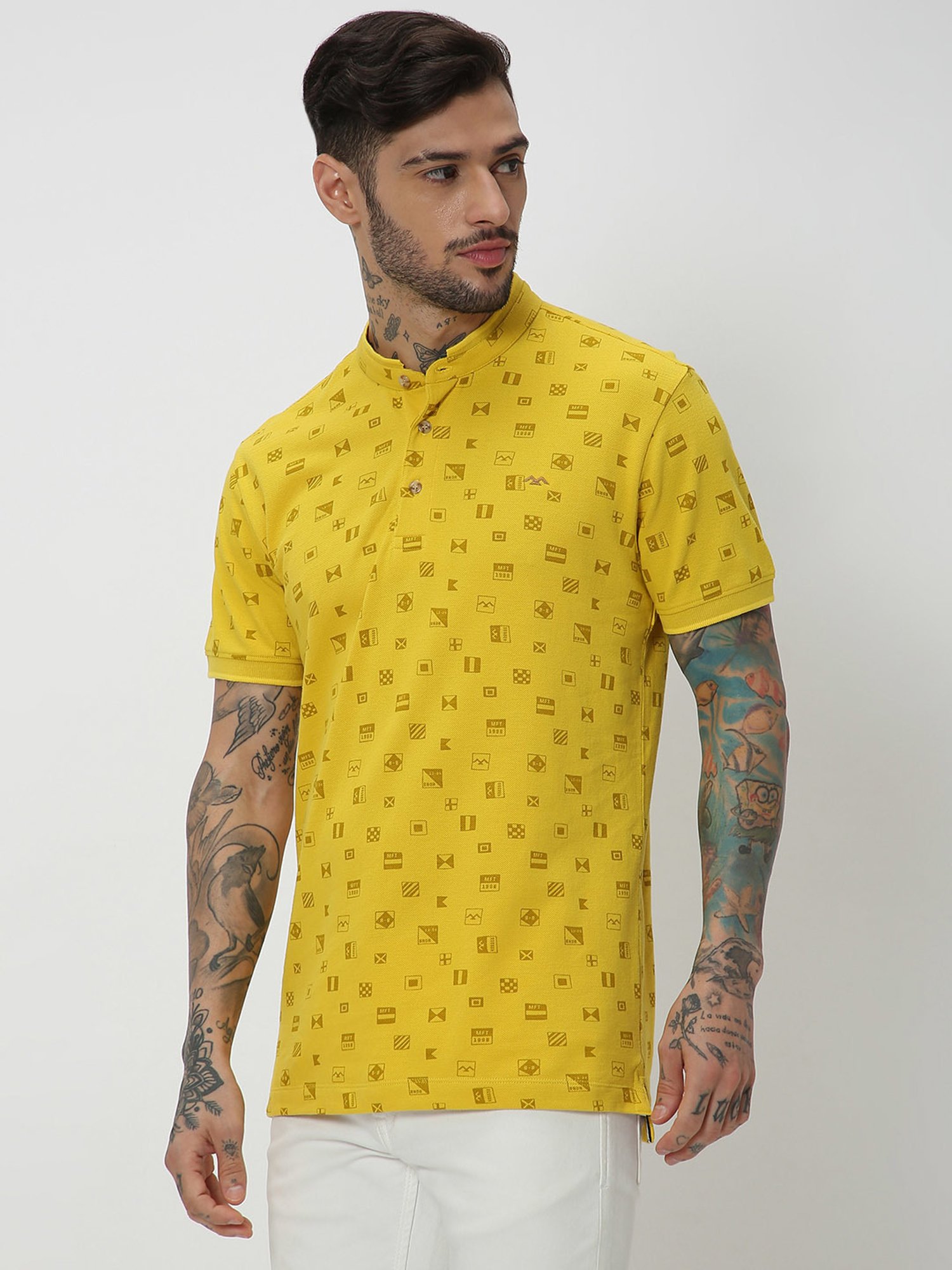 Mufti Yellow Slim Fit Printed Mandarin Collar Cotton T-Shirt