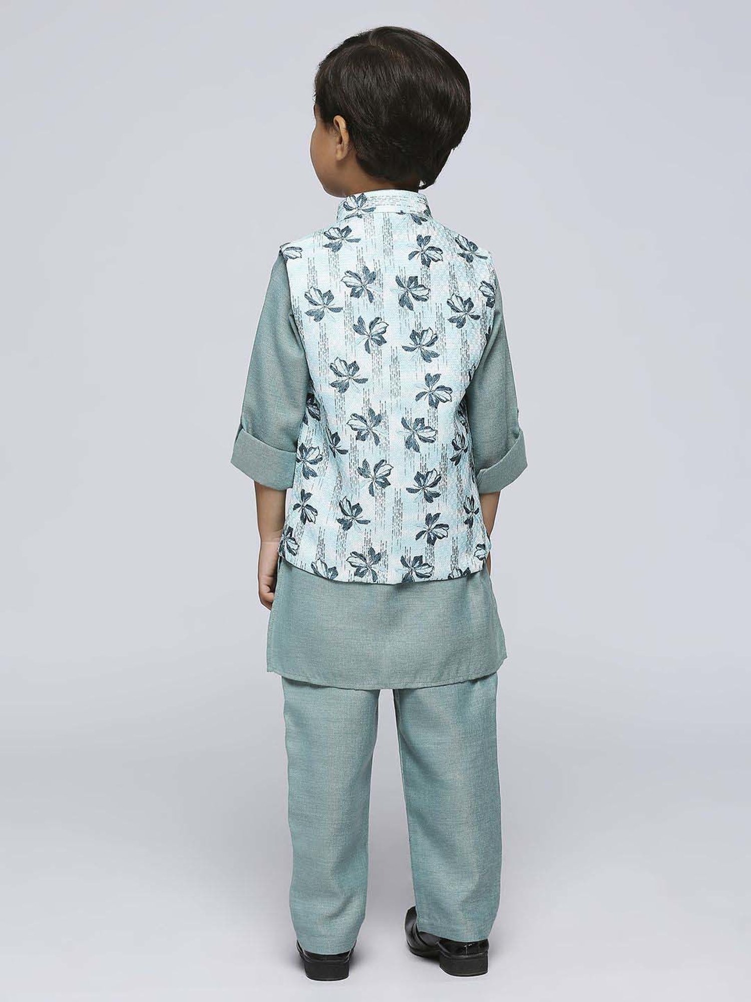 Kids Island Boys Green Jacquard Full Sleeves Kurta Set