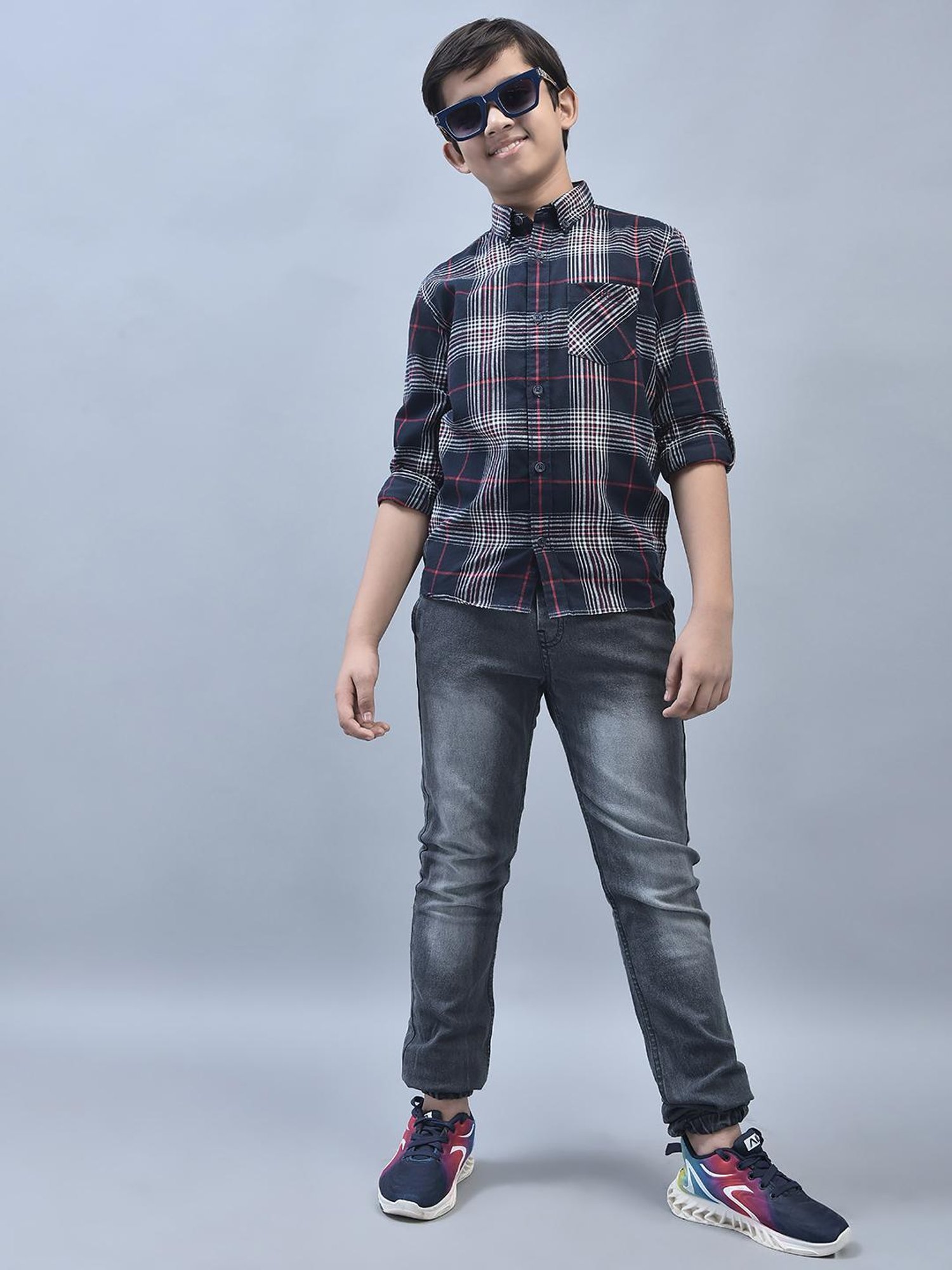 Crimsoune Club Boys Navy Checks Full Sleeves Shirt