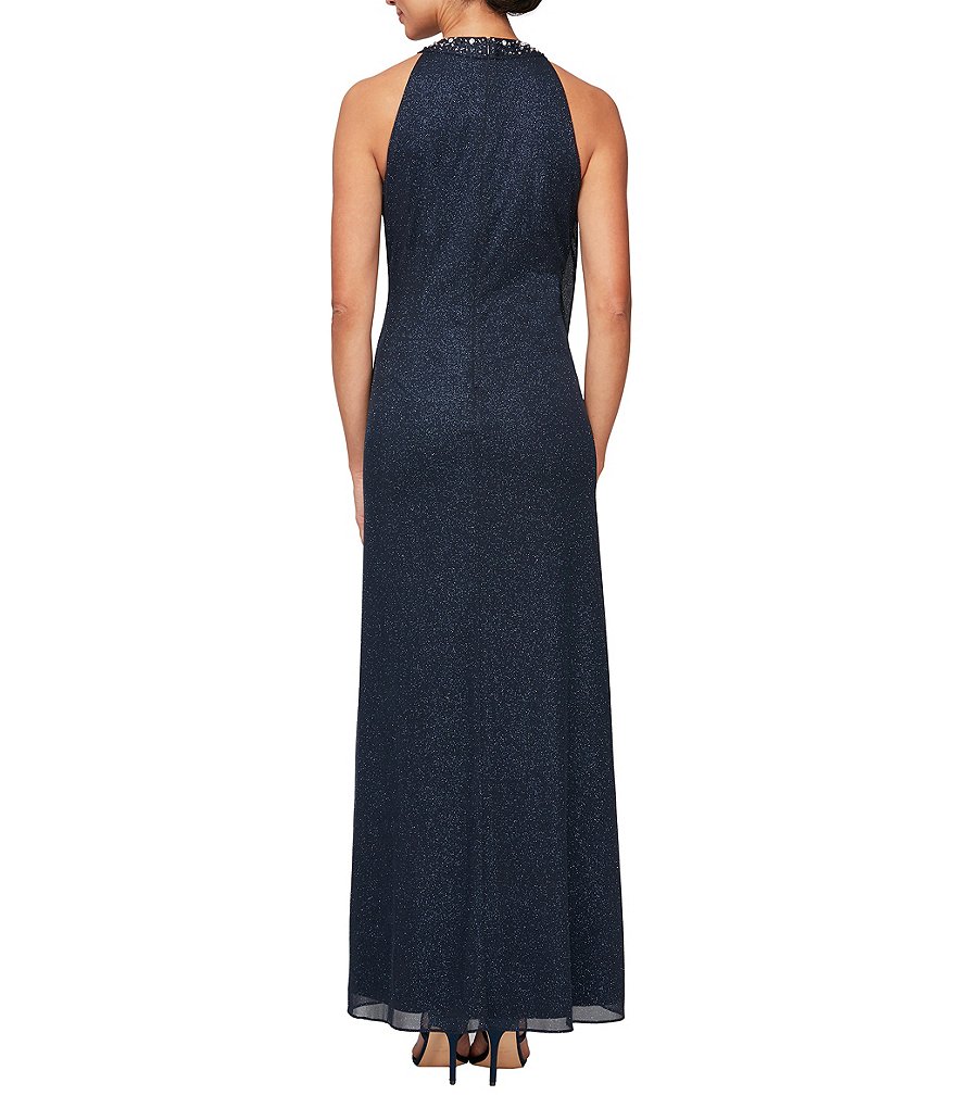 Ignite Evenings Halter Neck Sleeveless Beaded Glitter Mesh Gown