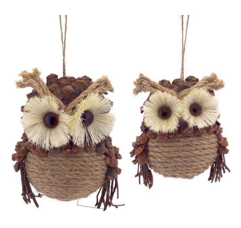Melrose Set of 2 Country Cabin Jute and Pine Cone Woodland Forest Owl Christmas Ornaments 5.25"