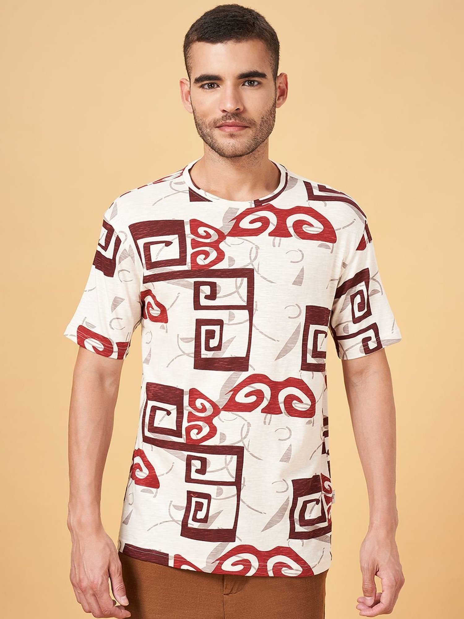 7 Alt by Pantaloons Ivory Cotton Relaxed Fit Printed T-Shirt