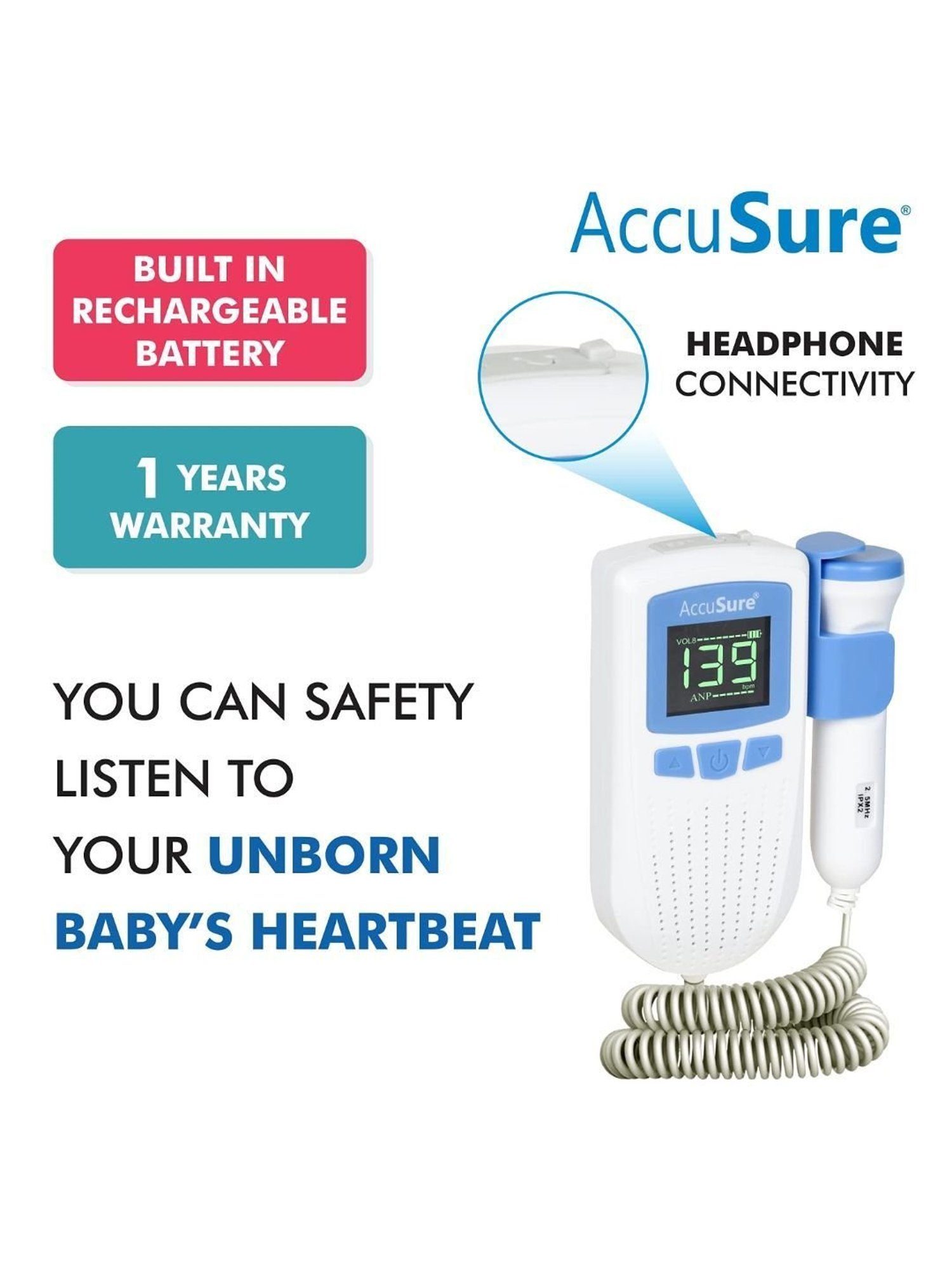 AccuSure Fetal Doppler for Doctors and Mothers with USB Charging (White)