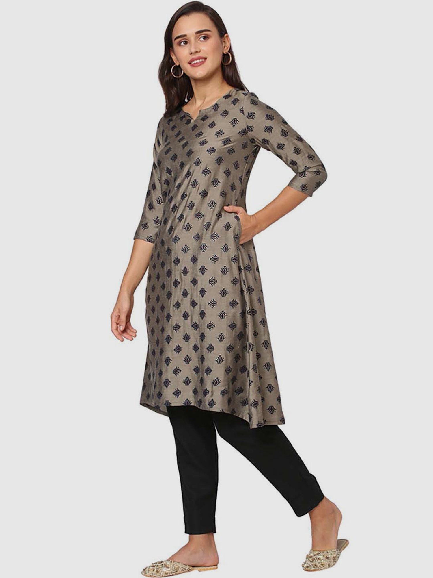 Fusion Beats Grey Printed A Line Kurta