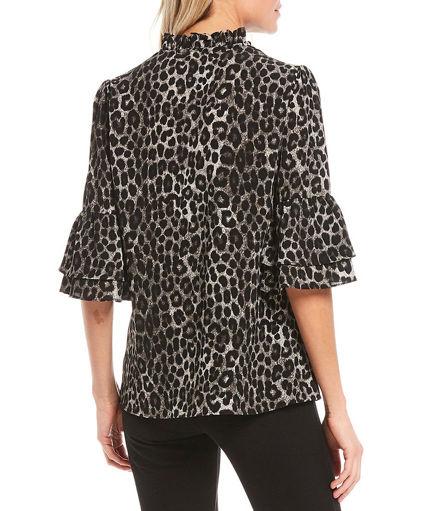 MICHAEL Michael Kors Cheetah Print Textured Crepe Flounce Cuff Ruffle Trim V-Neck Top