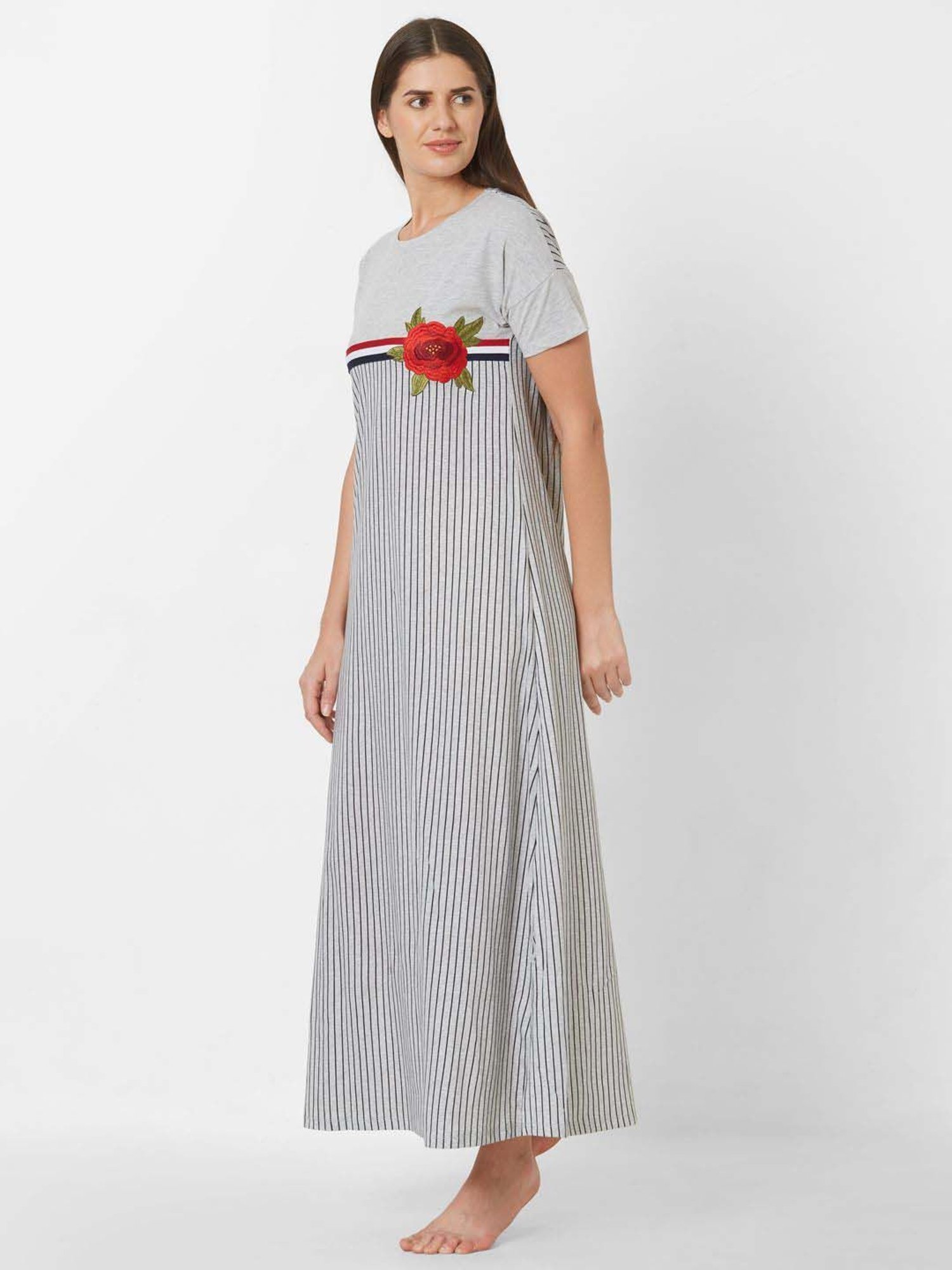 Sweet Dreams Grey Cotton Striped Nighty