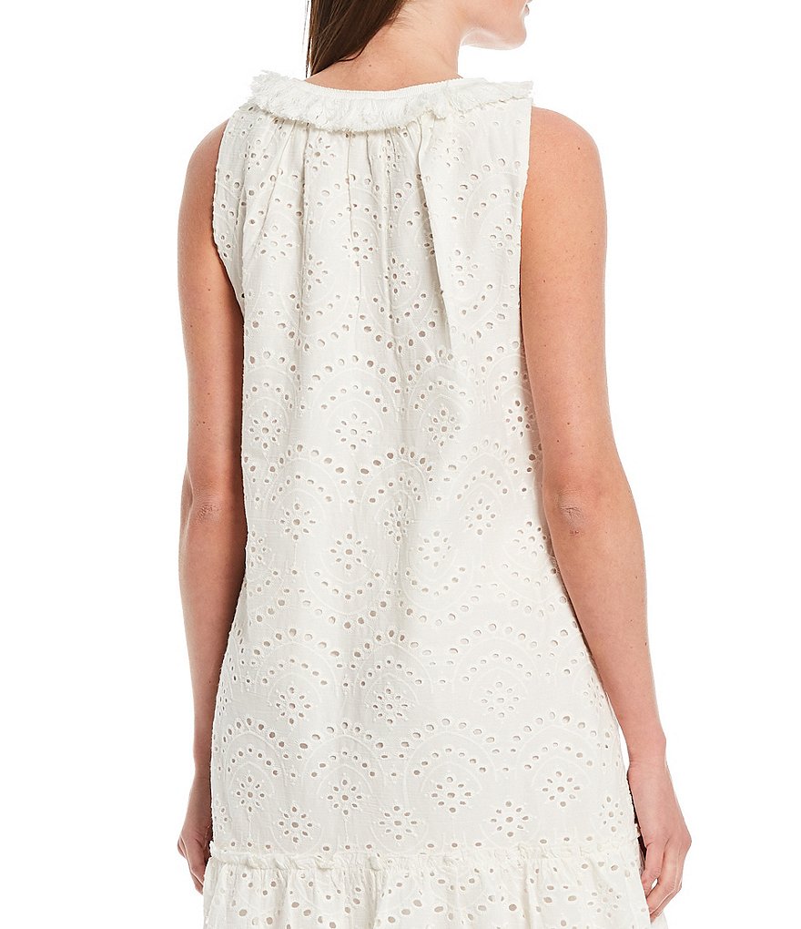 Reba Embroidered Eyelet Handkerchief Flounce Hem Sleeveless Midi Dress
