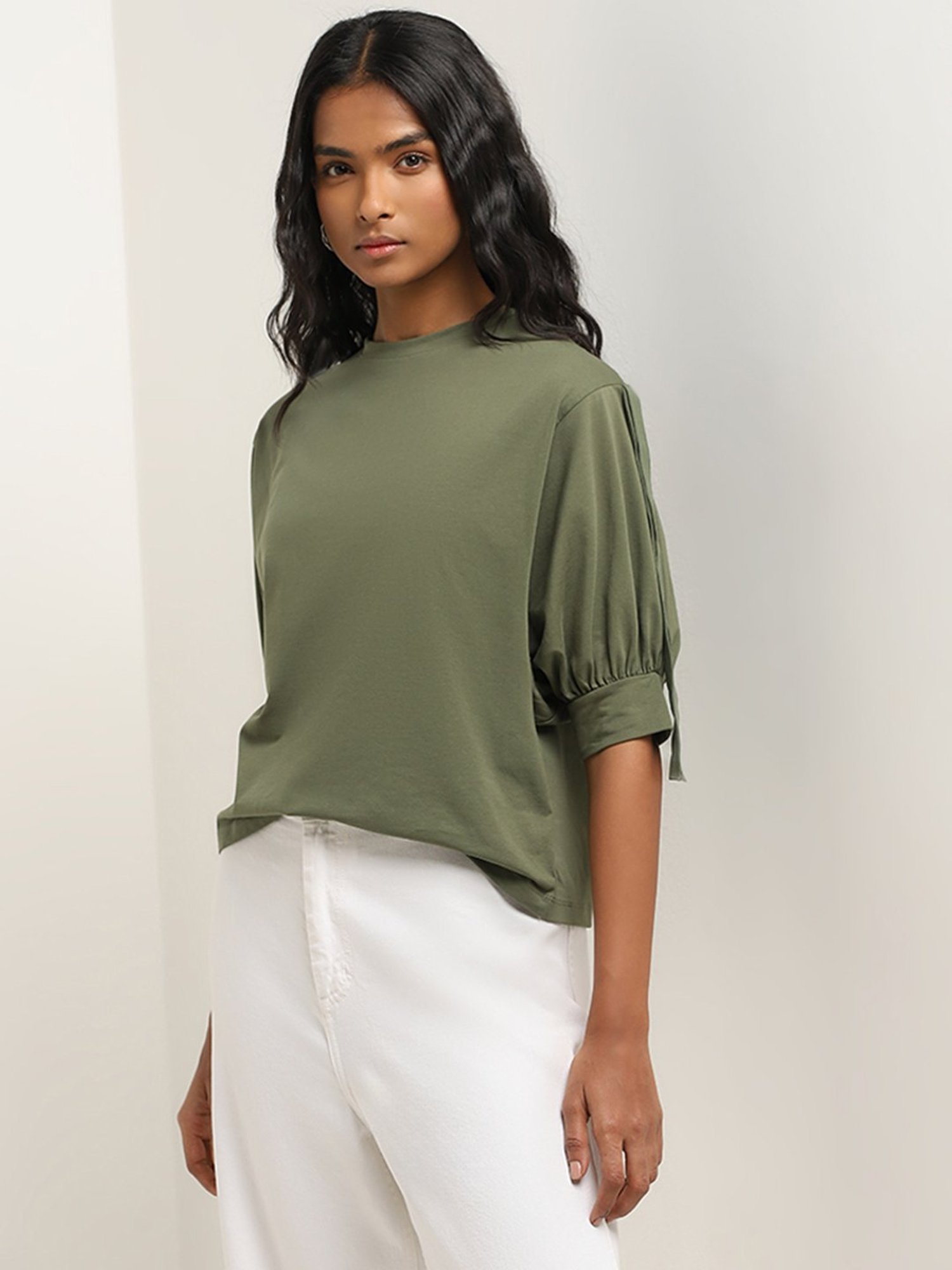 LOV by Westside Olive Solid Cotton Blend Top