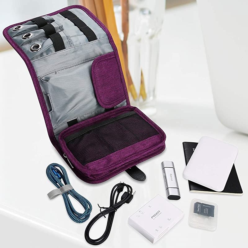 Travel Gadgets Organizer Bag, Universal Electronic Accessories Cable Roll-Up Pouch Portable Gear Storage Carrying Cover for Cords SD Memory Cards Earphone Hard Drive &ndash;Purple
