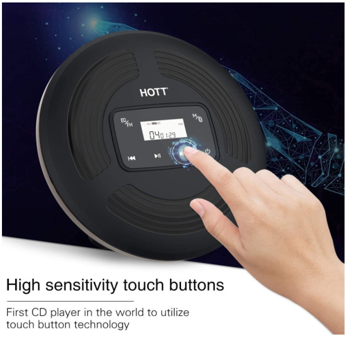 CD903TF Portable CD Player for Car Speakers with FM Transmitter Bluetooth Rechargeable Touch Button Backlight Display Black