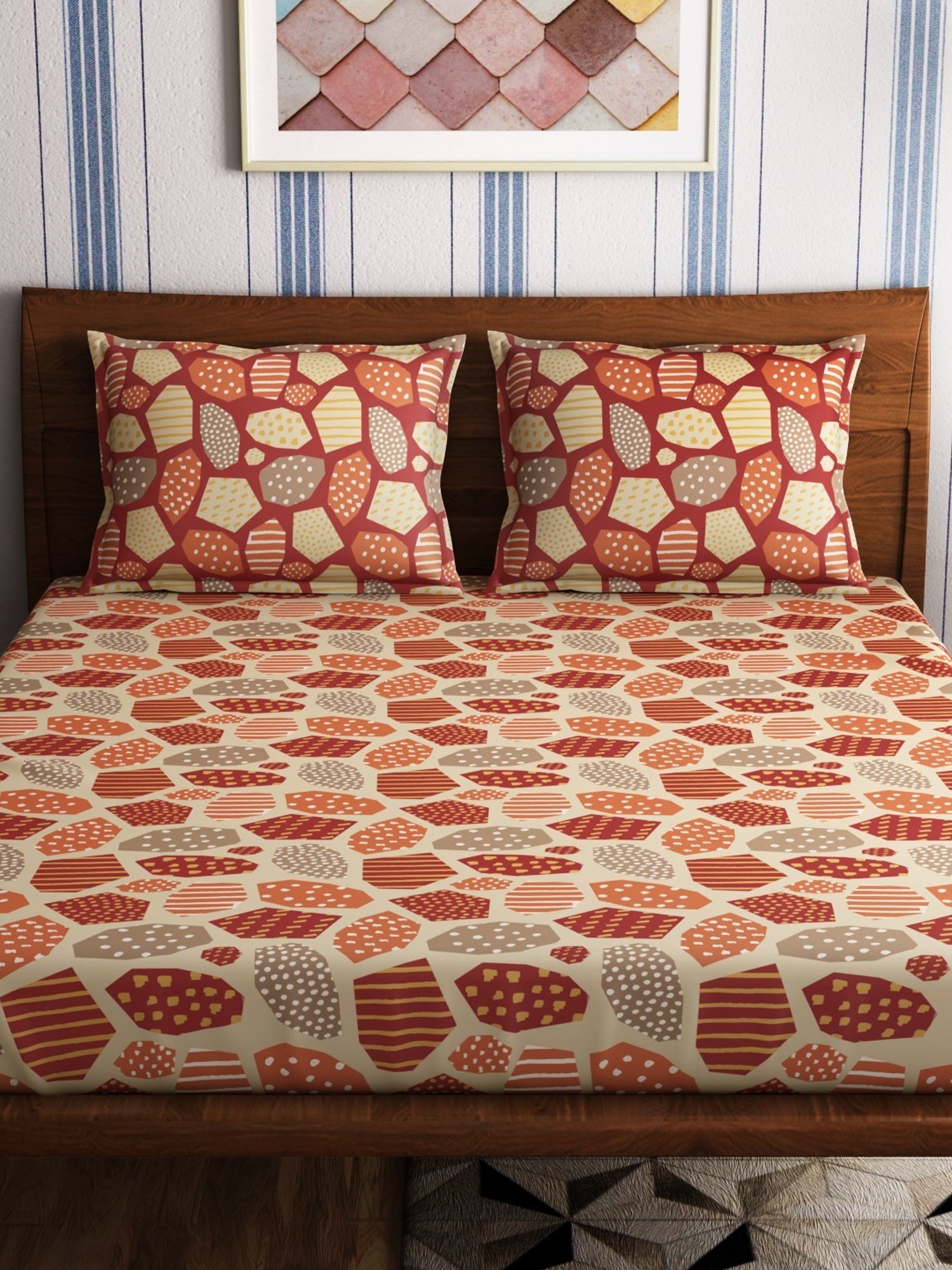 Petal Home Mosaic Abstract Multicolor 300 TC Cotton King Bed Sheet with 2 Pillow Covers