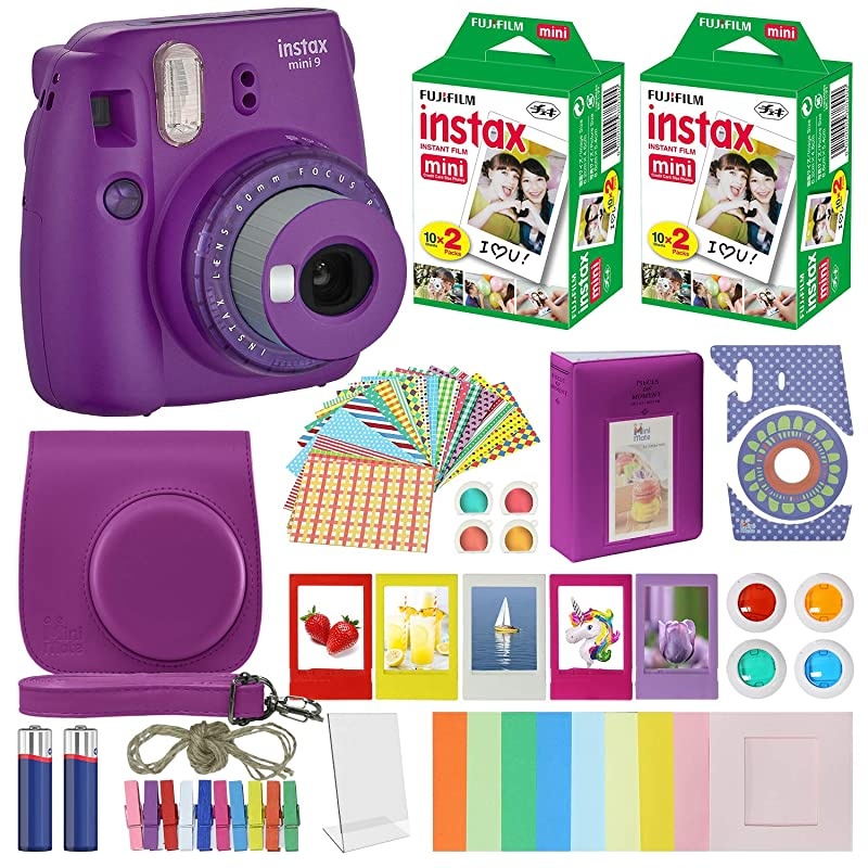 Instax Mini 9 Instant Camera Clear Purple with Clear Accents with Carrying Case + Fuji Instax Film Value Pack 40 Sheets Accessories Bundle Color Filters Photo Album Assorted Fra