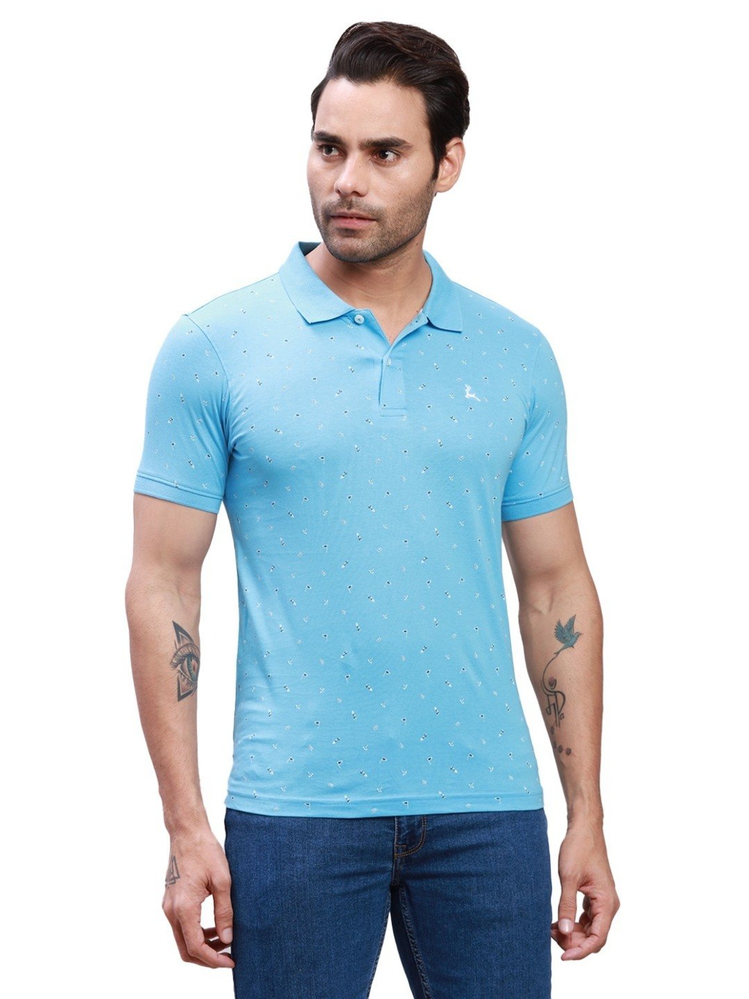 Parx Light Blue Cotton Regular Fit Printed Polo T-Shirt