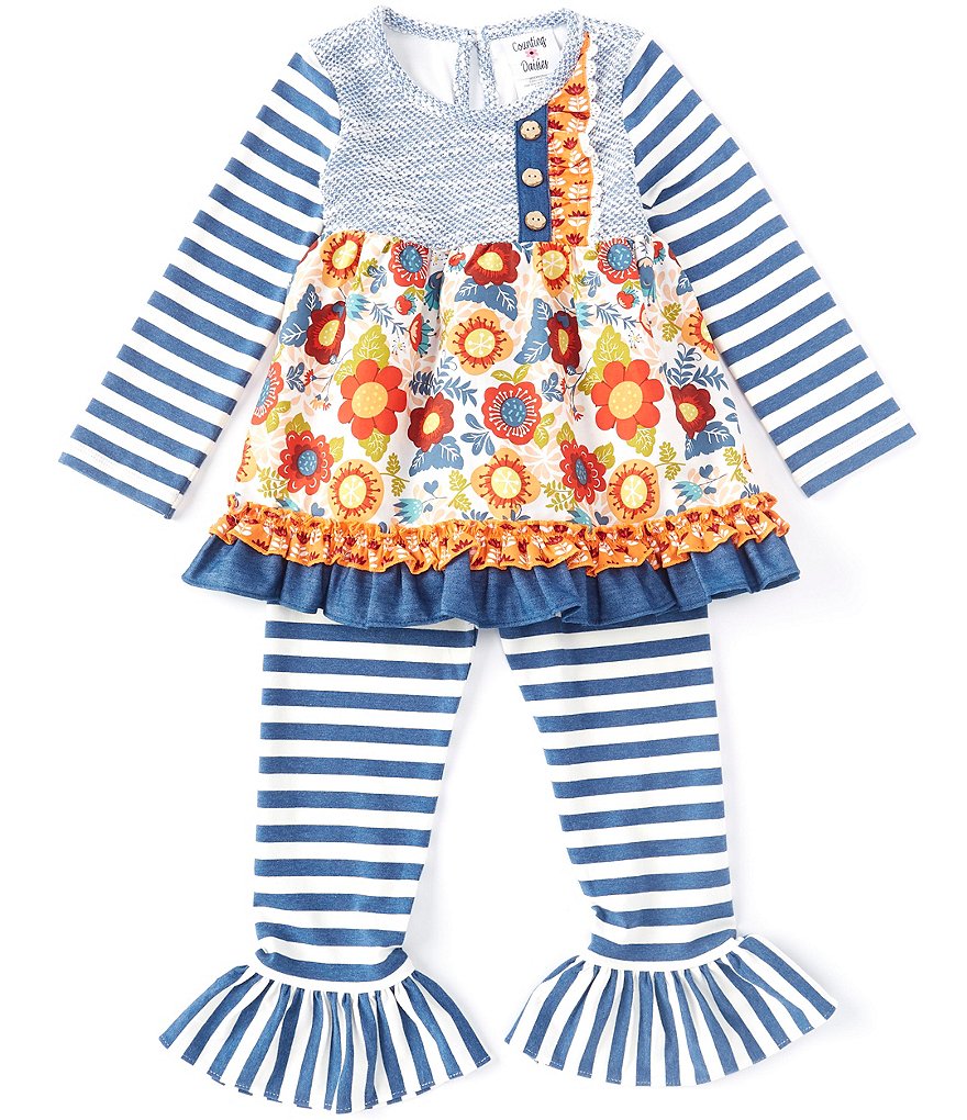 Counting Daisies Little Girls 2T-6X Mixed-Media Dress & Striped Leggings Set