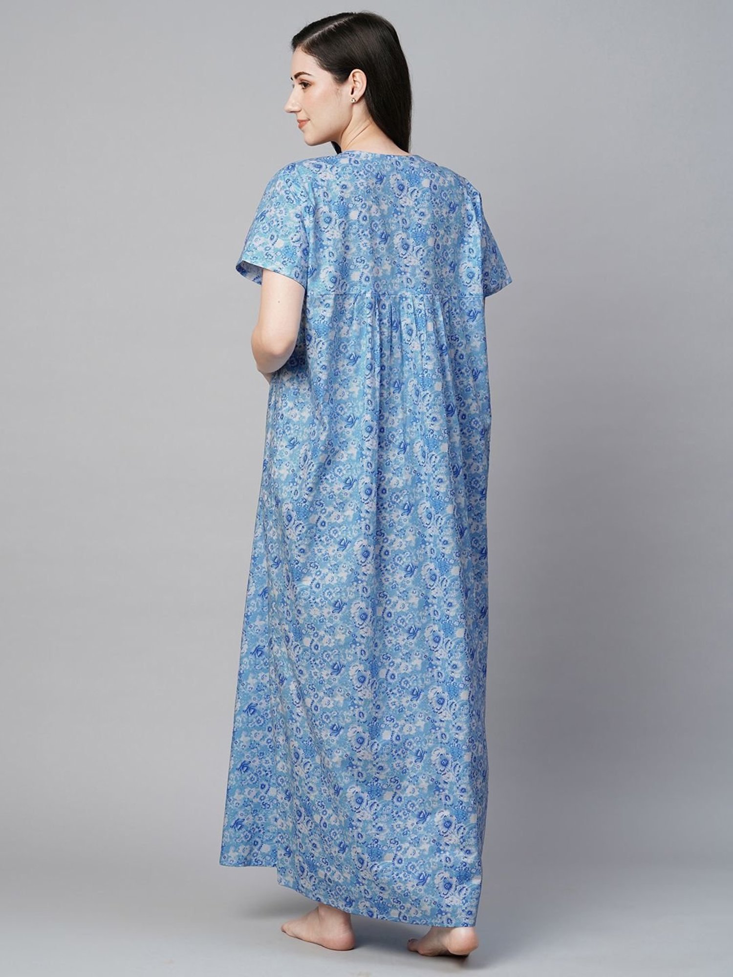 MomToBe Blue Cotton Printed Feeding Nighty