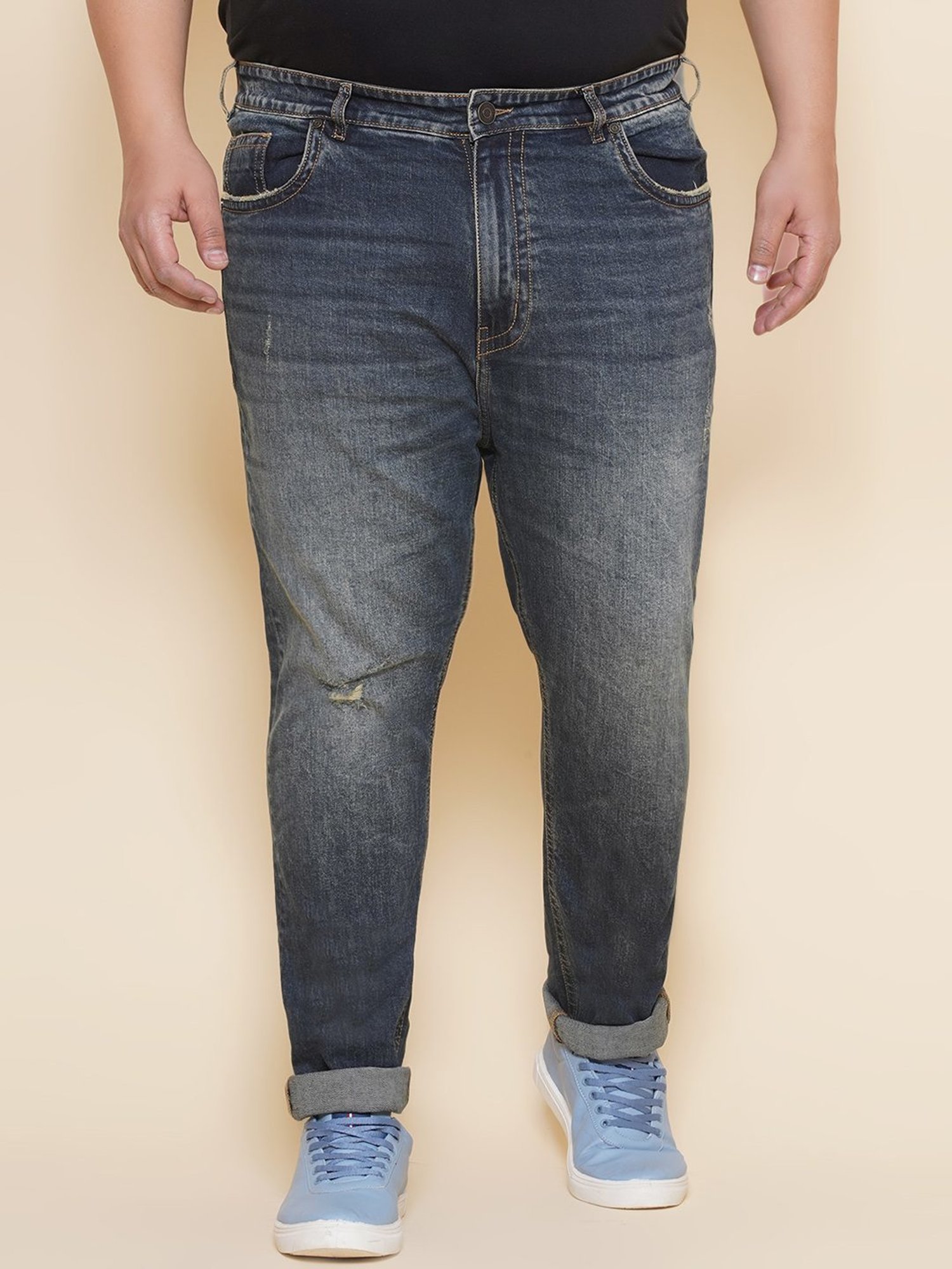 John Pride Blue Regular Fit Distressed Jeans